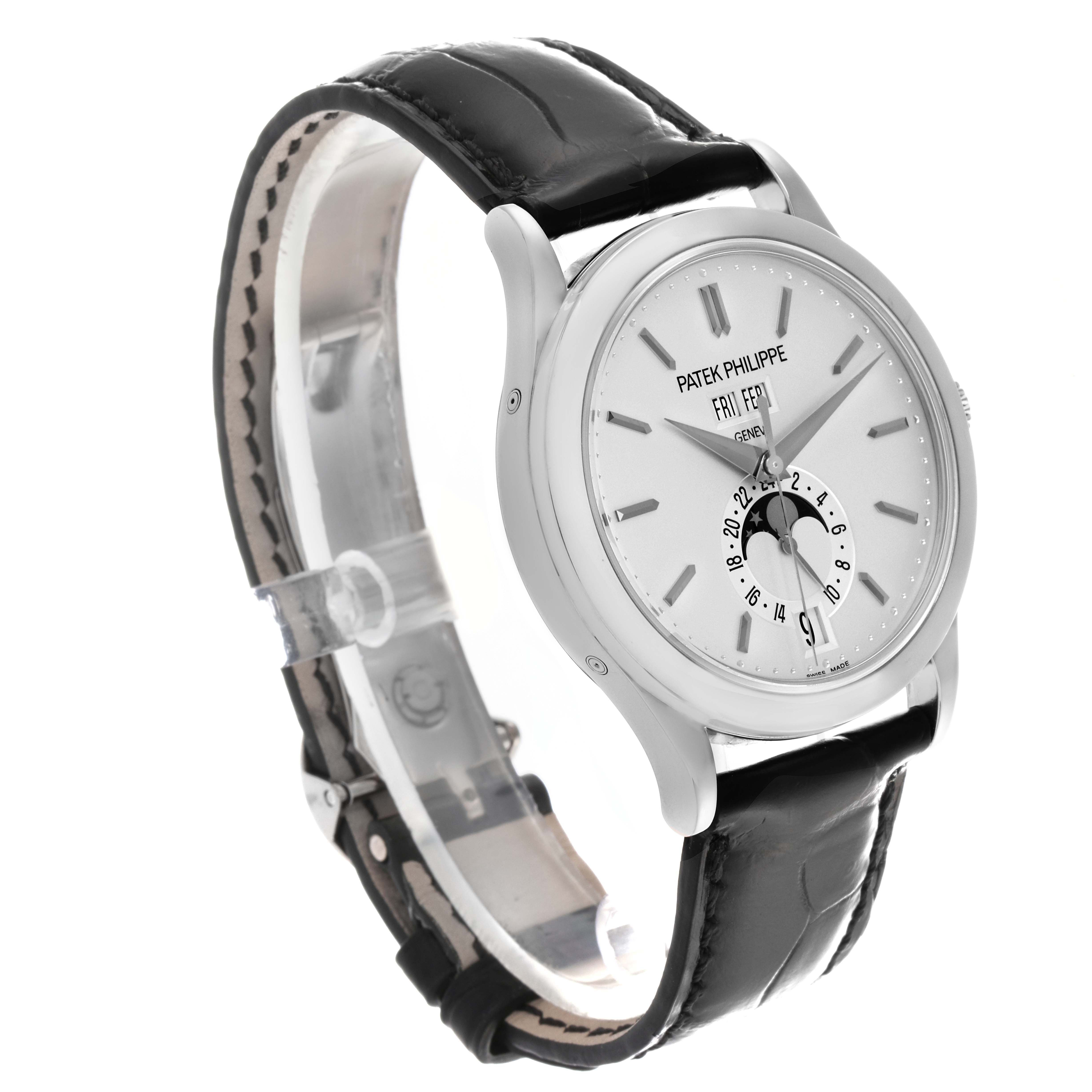 The image shows a Patek Philippe Complications 5396G-011 Men
s White Gold Silver Dial 5396G-011 Men
s White Gold Silver Dial model from a left-front angle, highlighting the watch face, case, and leather strap.