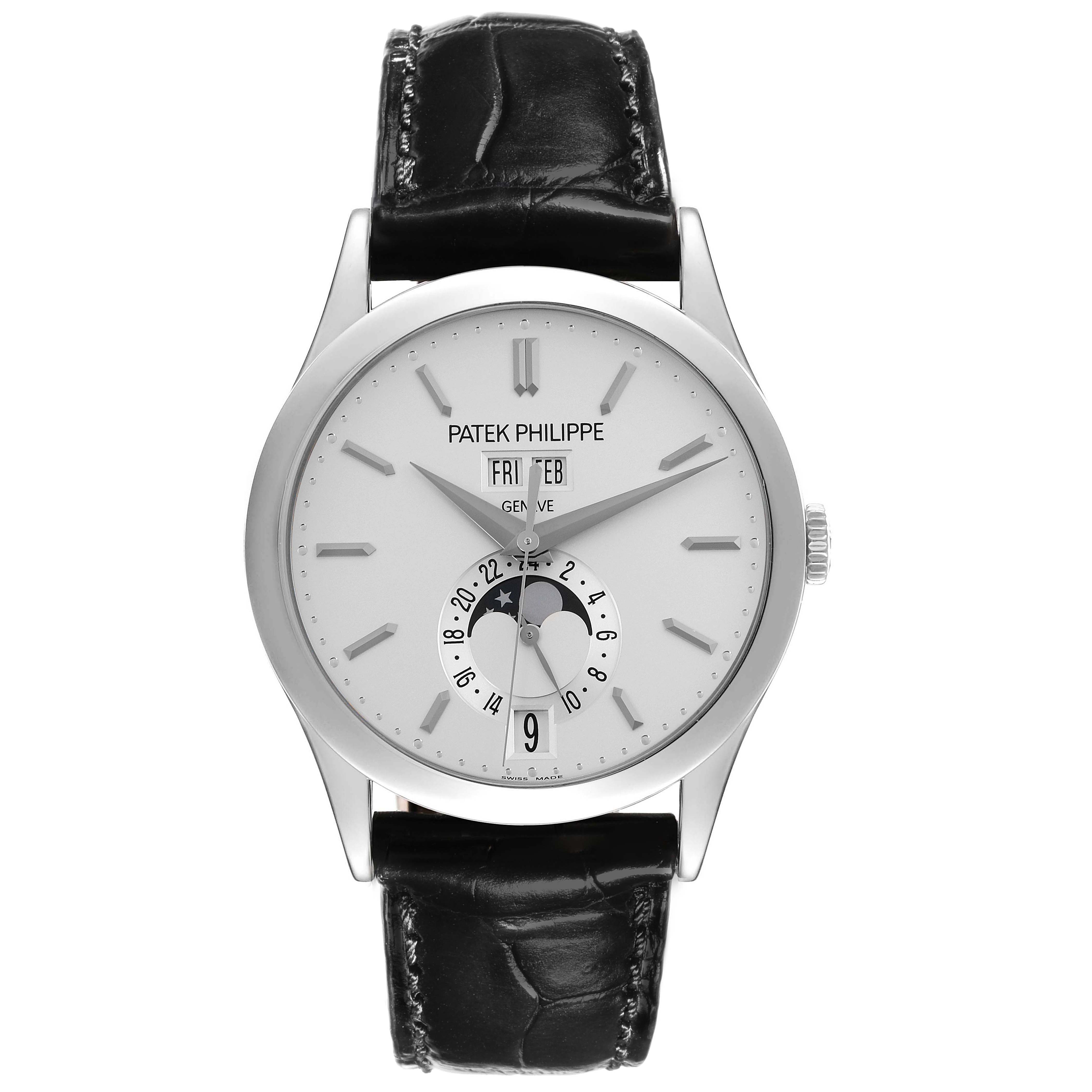 The Patek Philippe Complications 5396G-011 Men
s White Gold Silver Dial 5396G-011 Men
s White Gold Silver Dial watch is shown from a front angle, displaying the dial, hands, and leather strap.