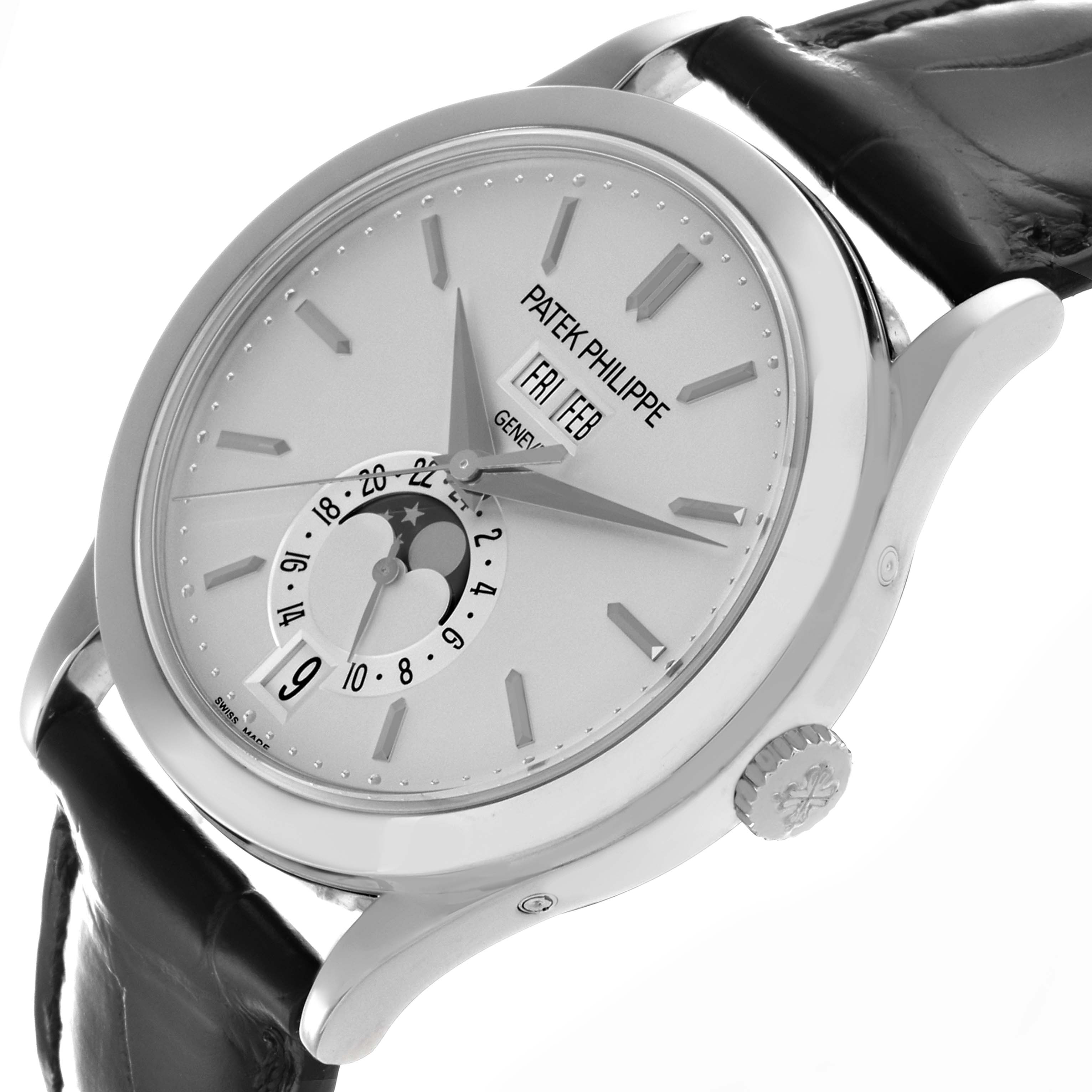 The Patek Philippe Complications 5396G-011 Men
s White Gold Silver Dial 5396G-011 Men
s White Gold Silver Dial watch is shown from an angled side view, highlighting the dial, crown, and leather strap.