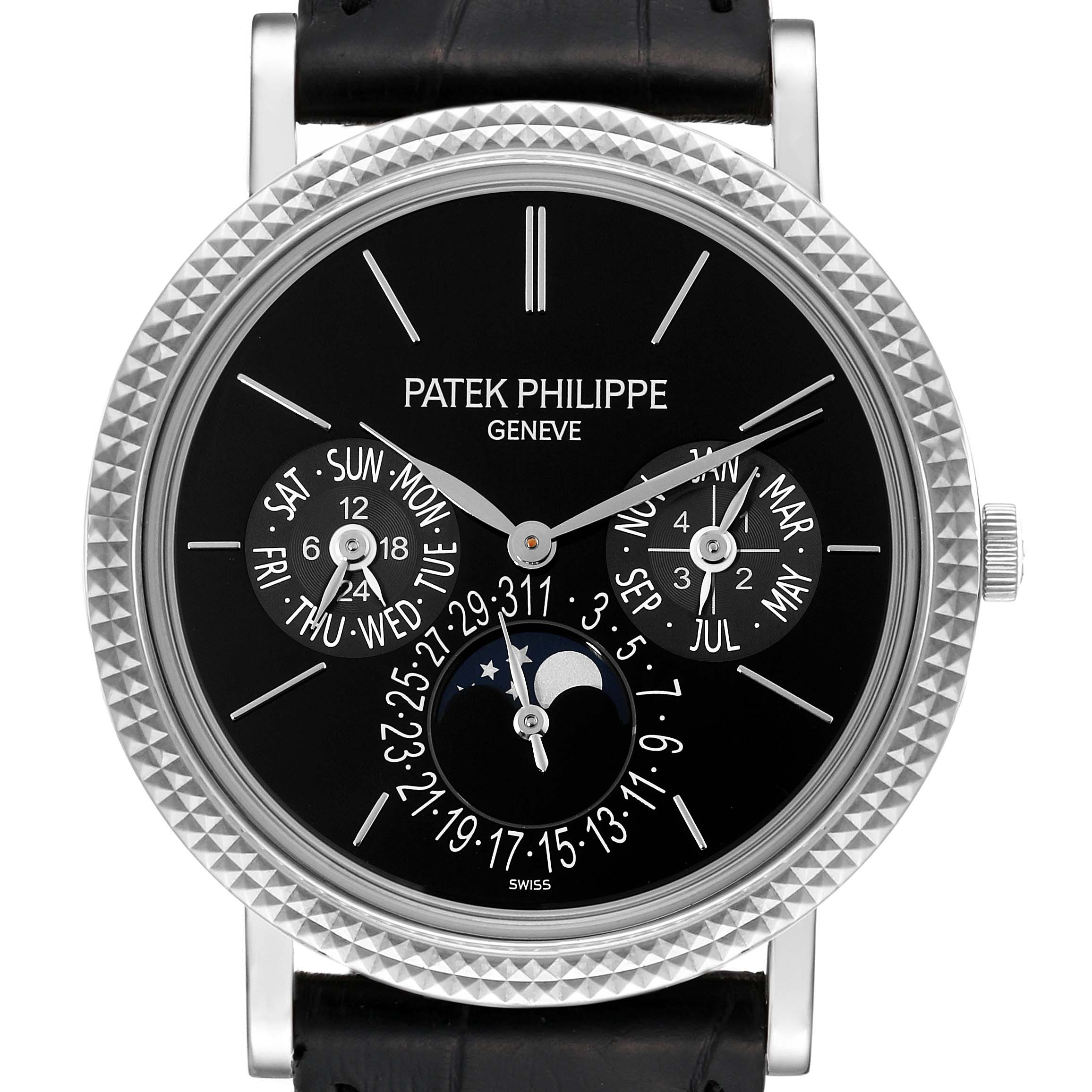 The image shows a front view of the Patek Philippe Complications 5139G Men's White Gold Black Dial 5139G Men's White Gold Black Dial watch, highlighting the dial and its intricate calendar functions.