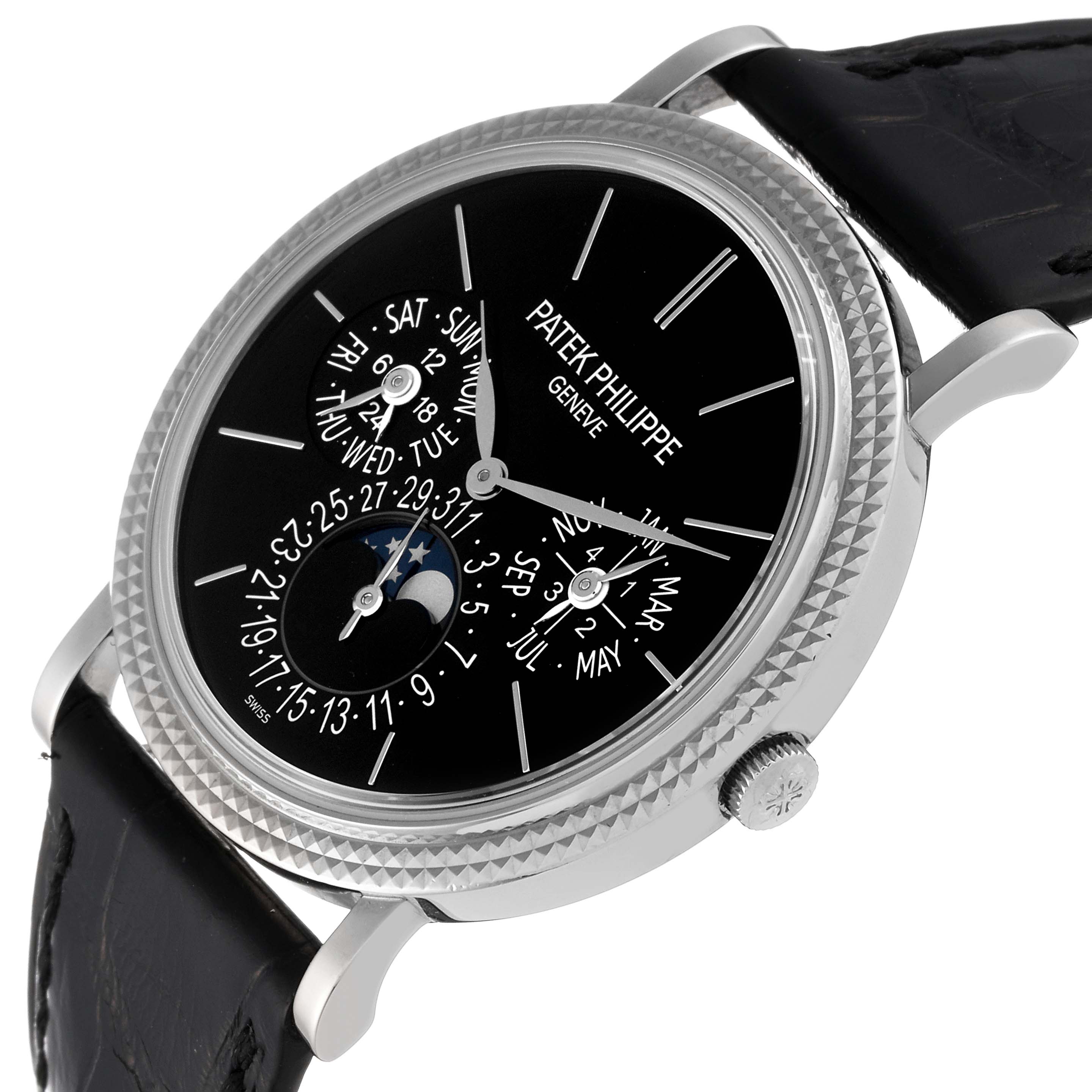 The image depicts a side-angle view of the Patek Philippe Complications 5139G Men's White Gold Black Dial 5139G Men's White Gold Black Dial model, highlighting the dial, case, and part of the leather strap.