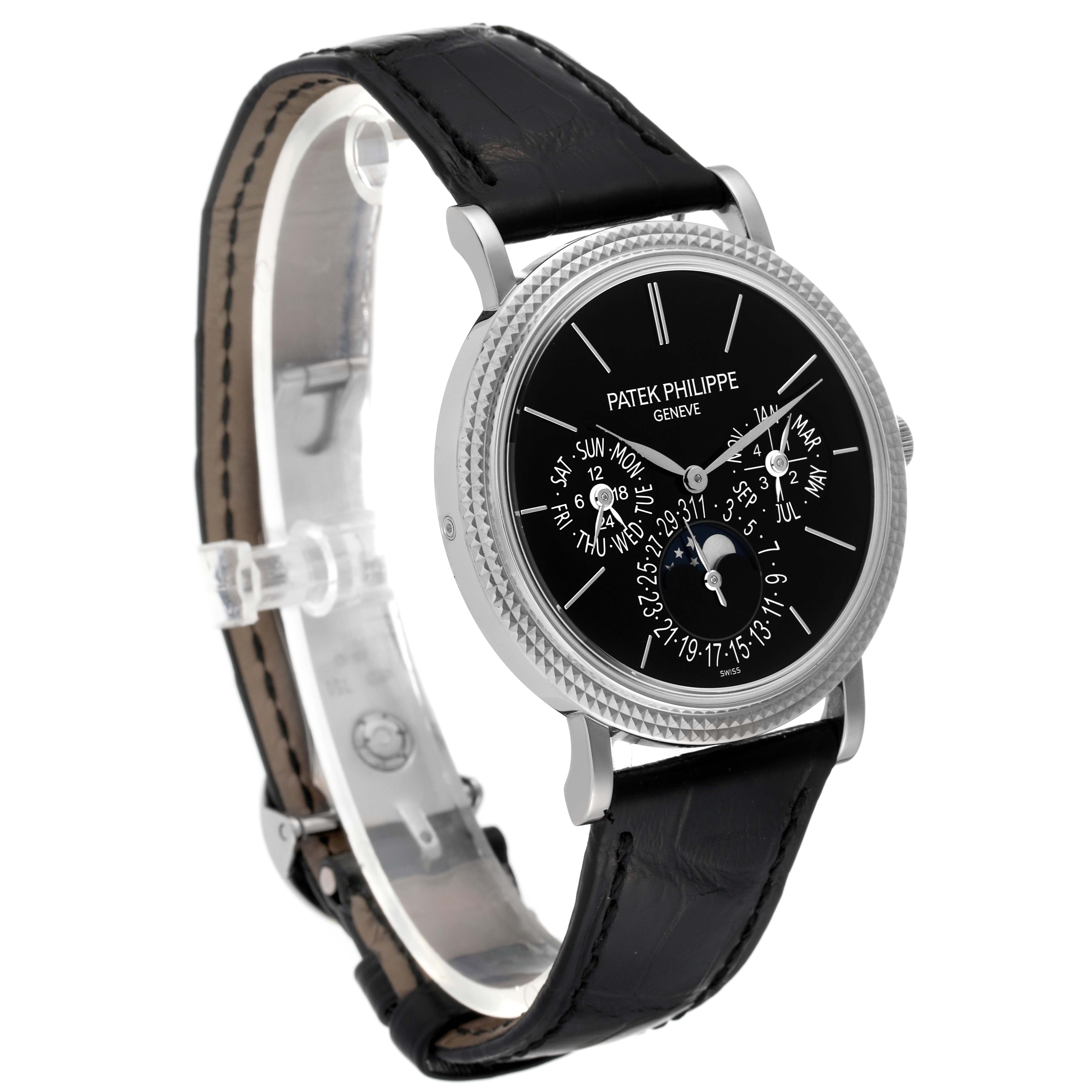 The image shows a Patek Philippe Complications 5139G Men's White Gold Black Dial 5139G Men's White Gold Black Dial watch at a three-quarter view, highlighting the face, dial details, and leather strap.