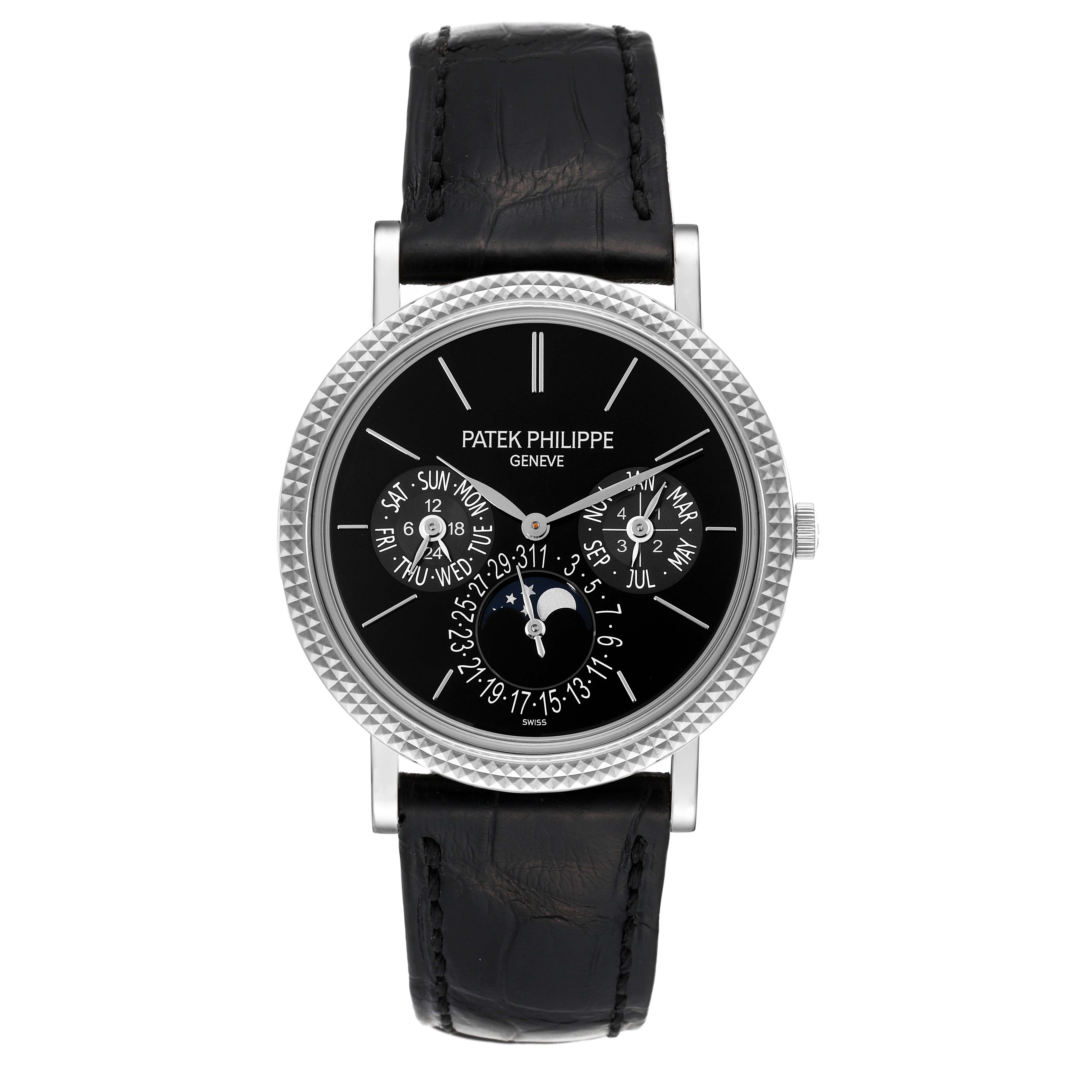 This image shows a front view of the Patek Philippe Complications 5139G Men's White Gold Black Dial 5139G Men's White Gold Black Dial model watch, highlighting its face and black leather strap.