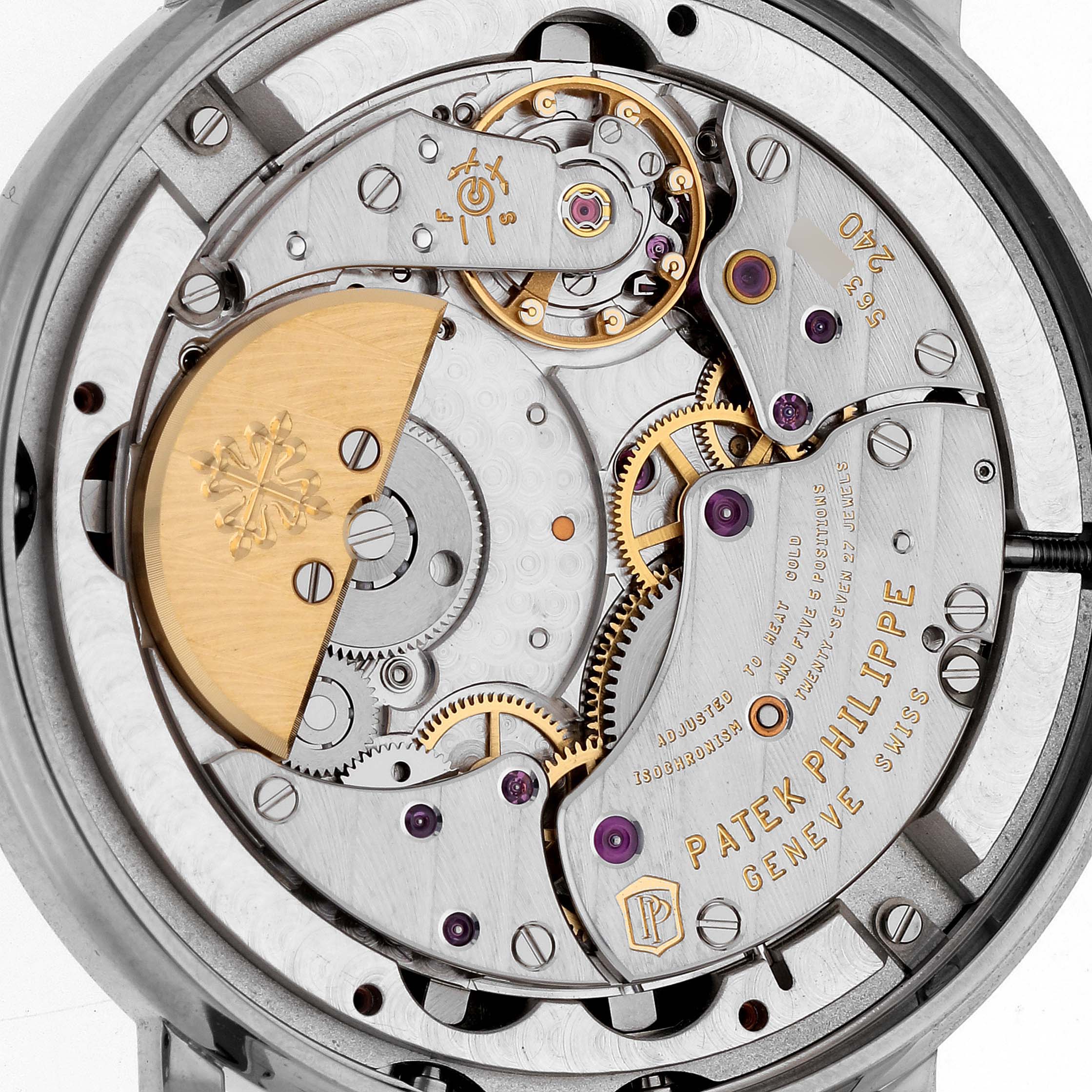 This is a close-up view of the Patek Philippe Complications 5139G Men's White Gold Black Dial 5139G Men's White Gold Black Dial model showing the intricate inner mechanical parts of the watch movement.