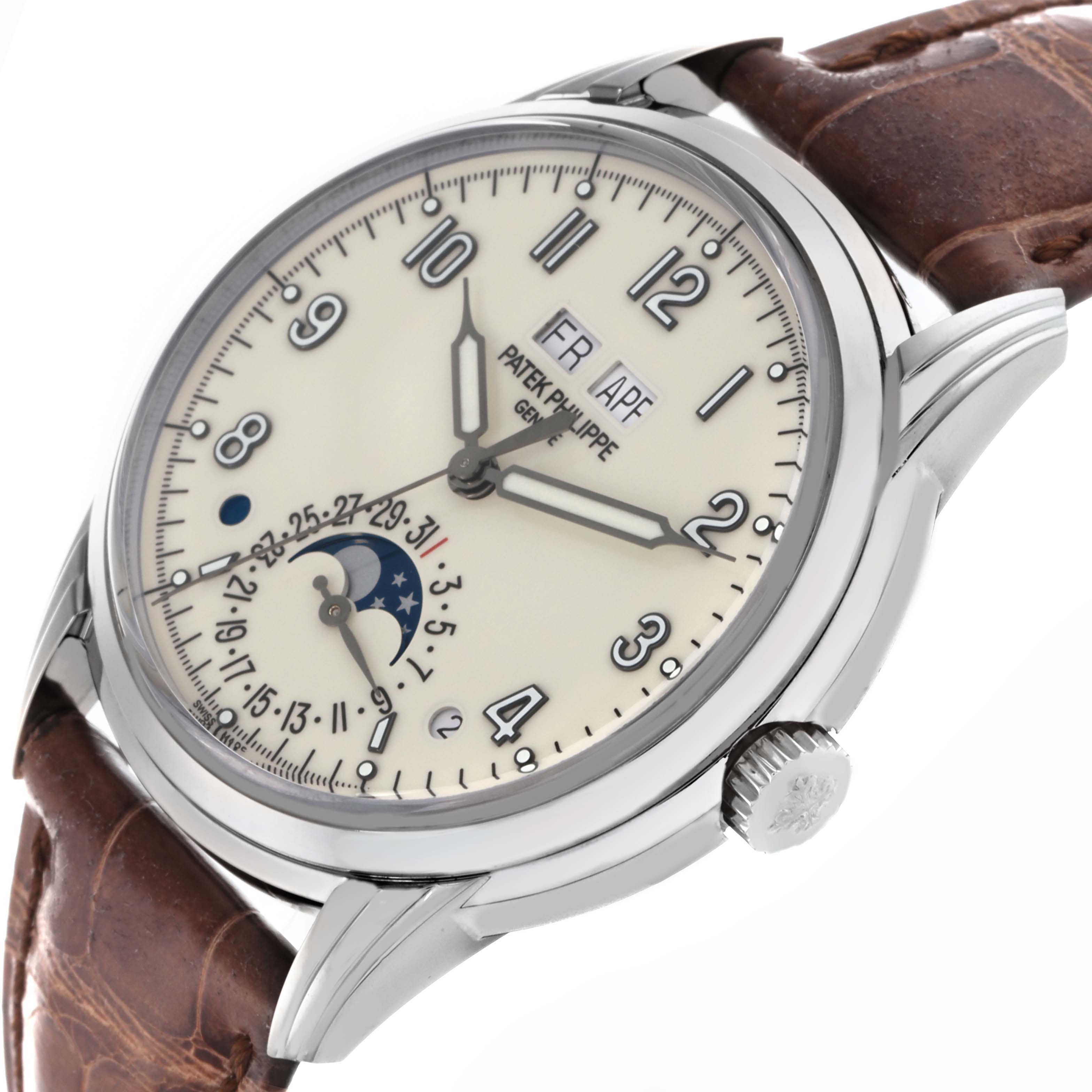 The Patek Philippe Complications 5320G-001 Men's White Gold White Dial 5320G-001 Men's White Gold White Dial watch is shown at an angled side view, displaying the face, crown, and part of the leather strap.