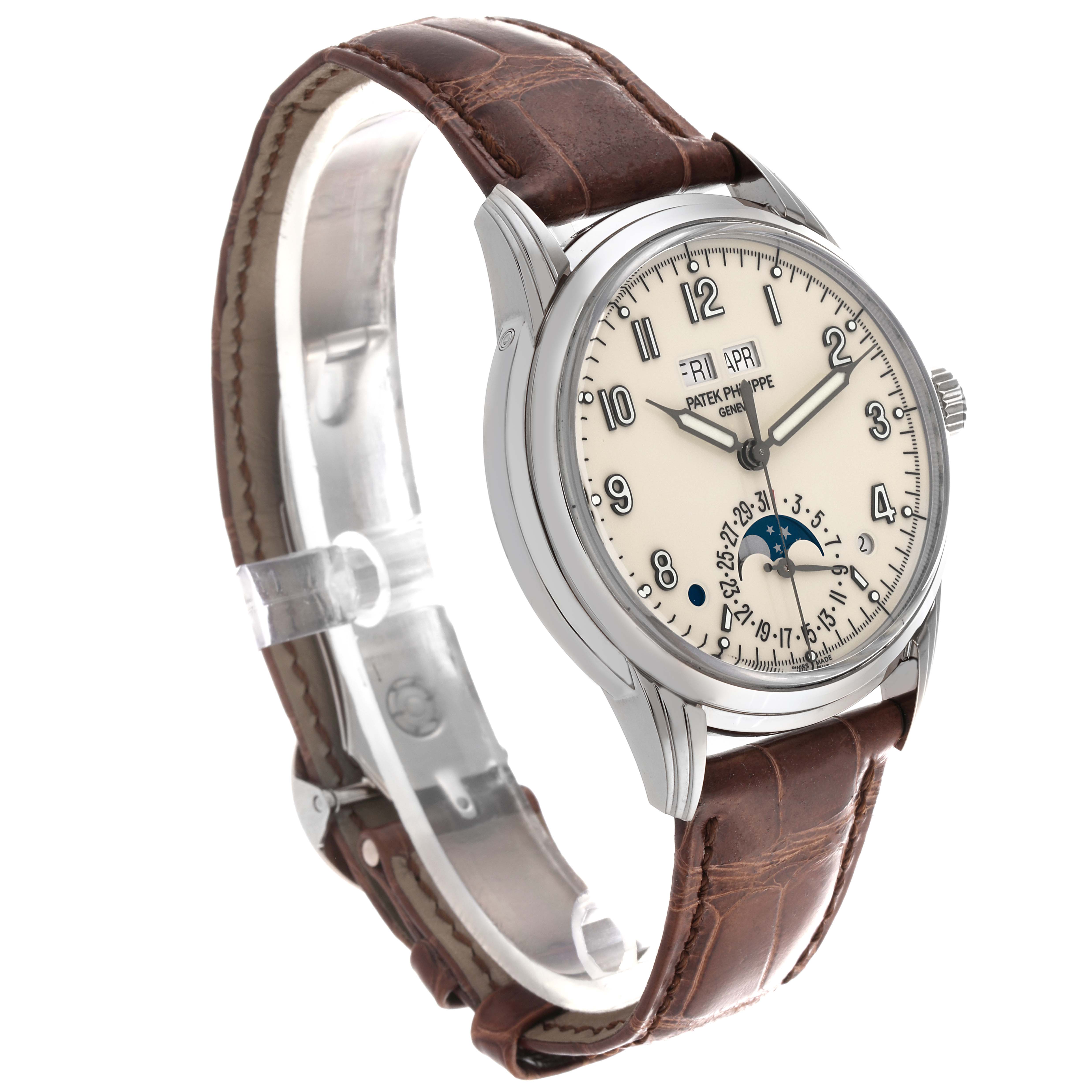 The image shows a Patek Philippe Complications 5320G-001 Men's White Gold White Dial 5320G-001 Men's White Gold White Dial model at a three-quarter angle, highlighting the dial and leather strap.