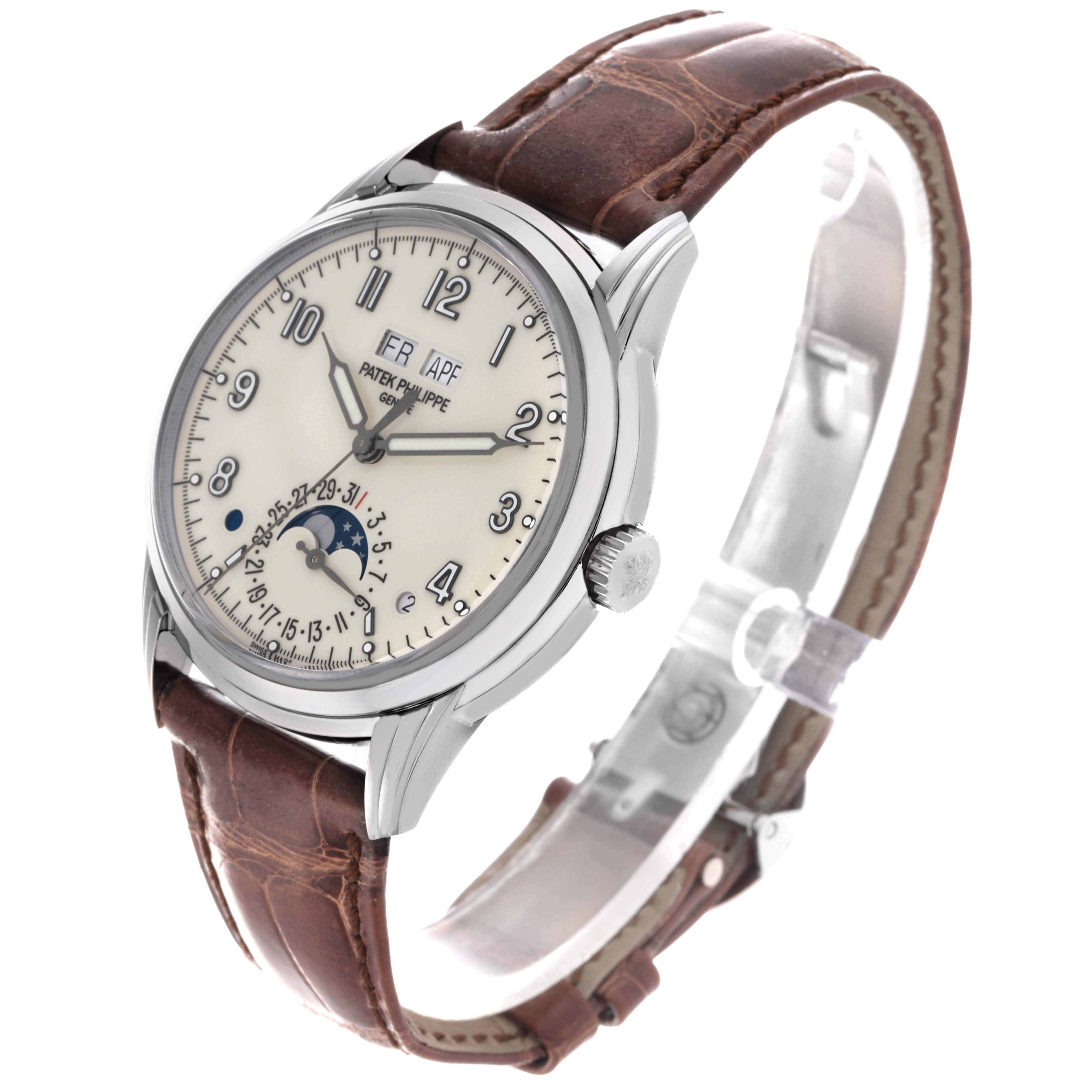 The Patek Philippe Complications 5320G-001 Men's White Gold White Dial 5320G-001 Men's White Gold White Dial watch is shown at a three-quarter angle, displaying the dial, case, crown, and leather strap.
