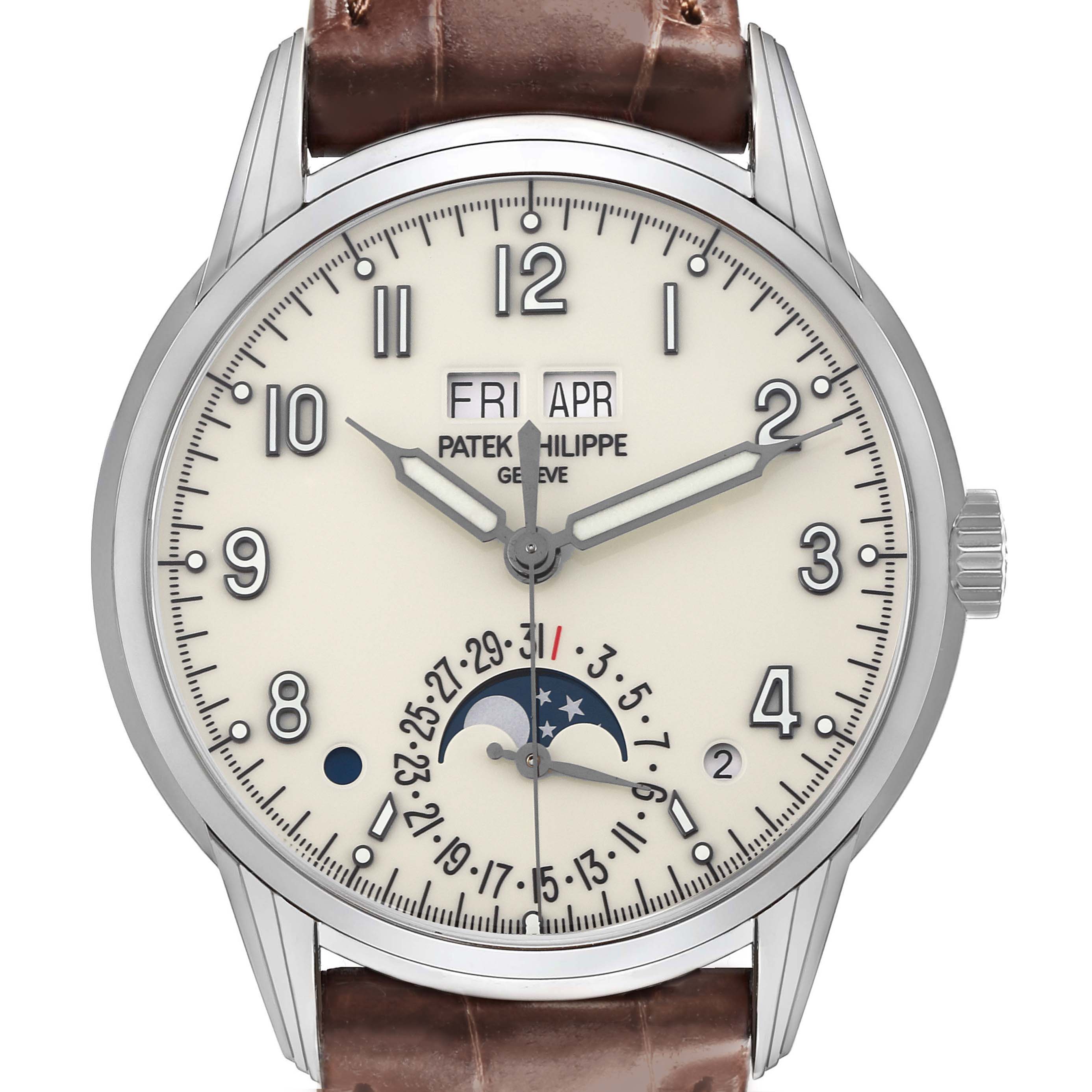 The Patek Philippe Complications 5320G-001 Men's White Gold White Dial 5320G-001 Men's White Gold White Dial watch is shown from the front, displaying the dial with day, date, and moon phase features.