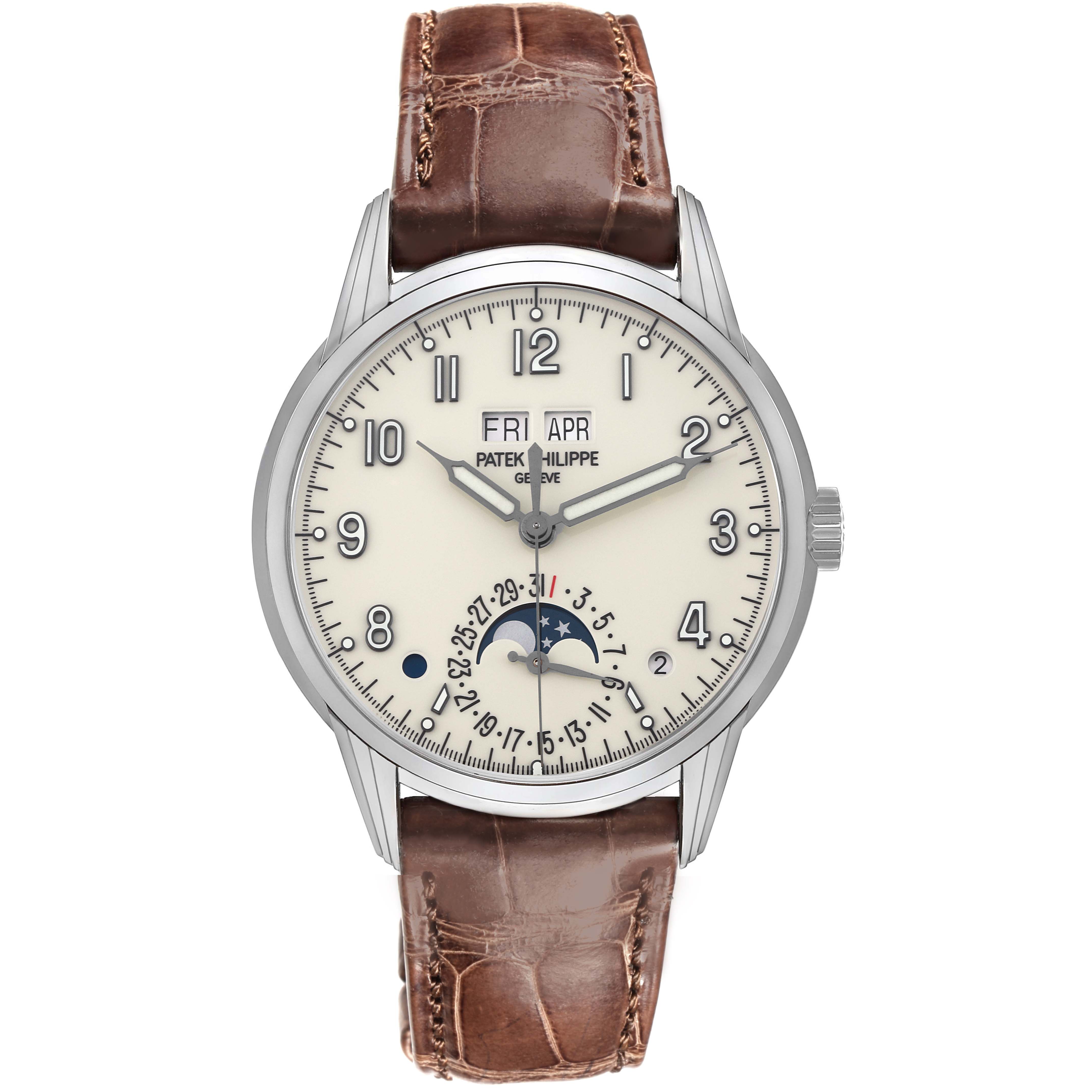 The Patek Philippe Complications 5320G-001 Men's White Gold White Dial 5320G-001 Men's White Gold White Dial watch is shown from the front, displaying the face, day, month, moon phase, and brown leather strap.