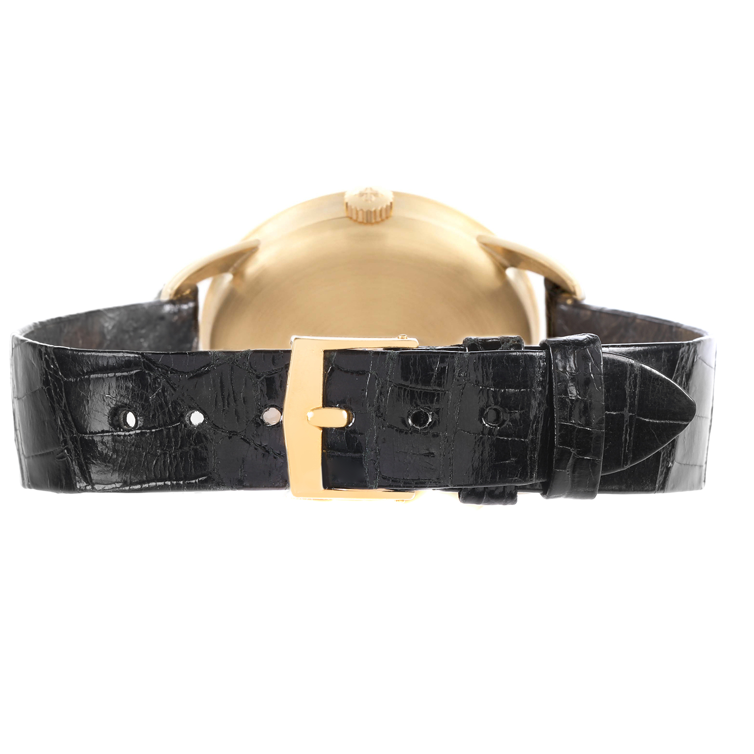 The image shows a rear view of the Patek Philippe Calatrava 2481 Men's Yellow Gold Silver Dial, highlighting the case back, crown, and black leather strap with a buckle.