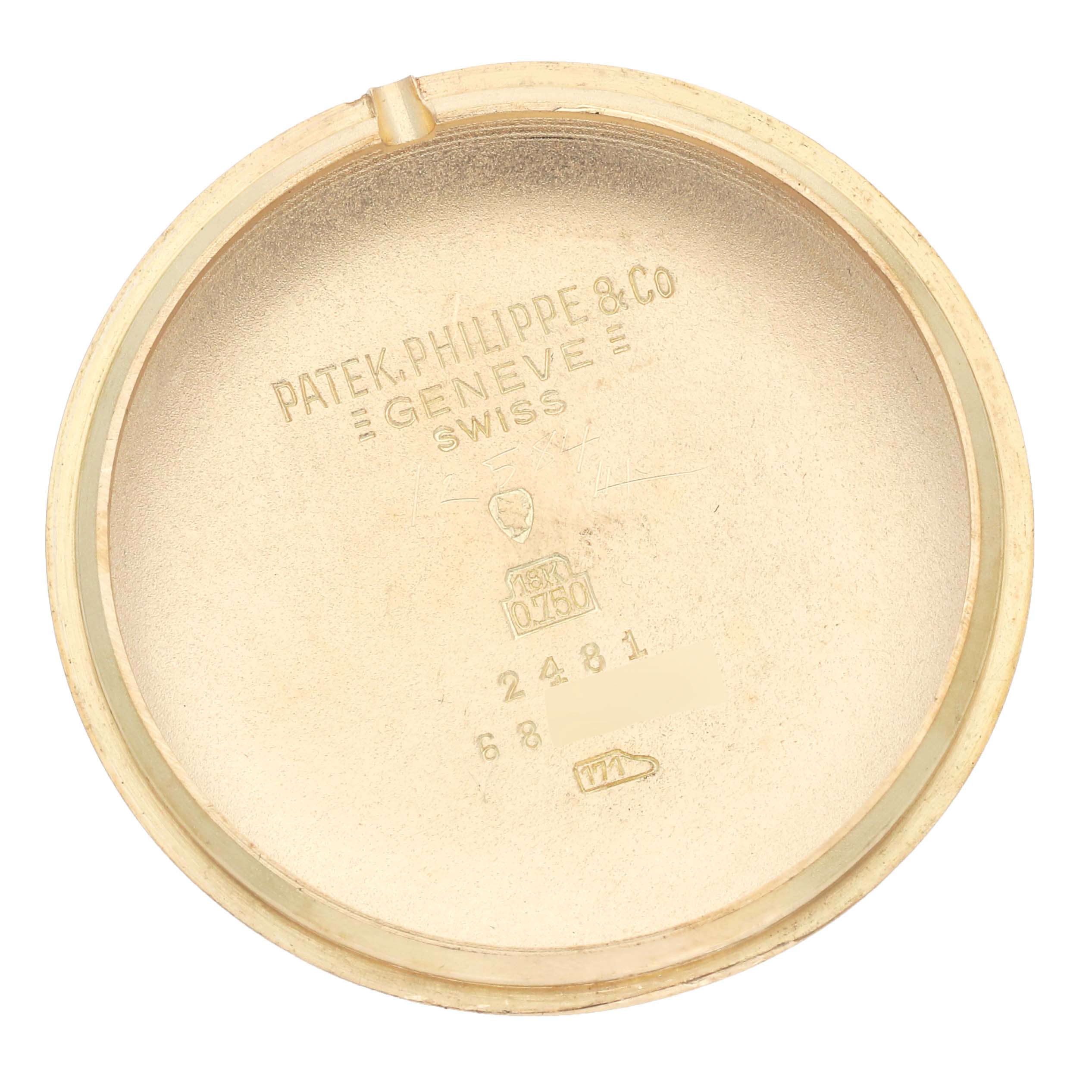 The image shows the interior of the case back for a Patek Philippe Calatrava 2481 Men's Yellow Gold Silver Dial 2481 Men's Yellow Gold Silver Dial watch.