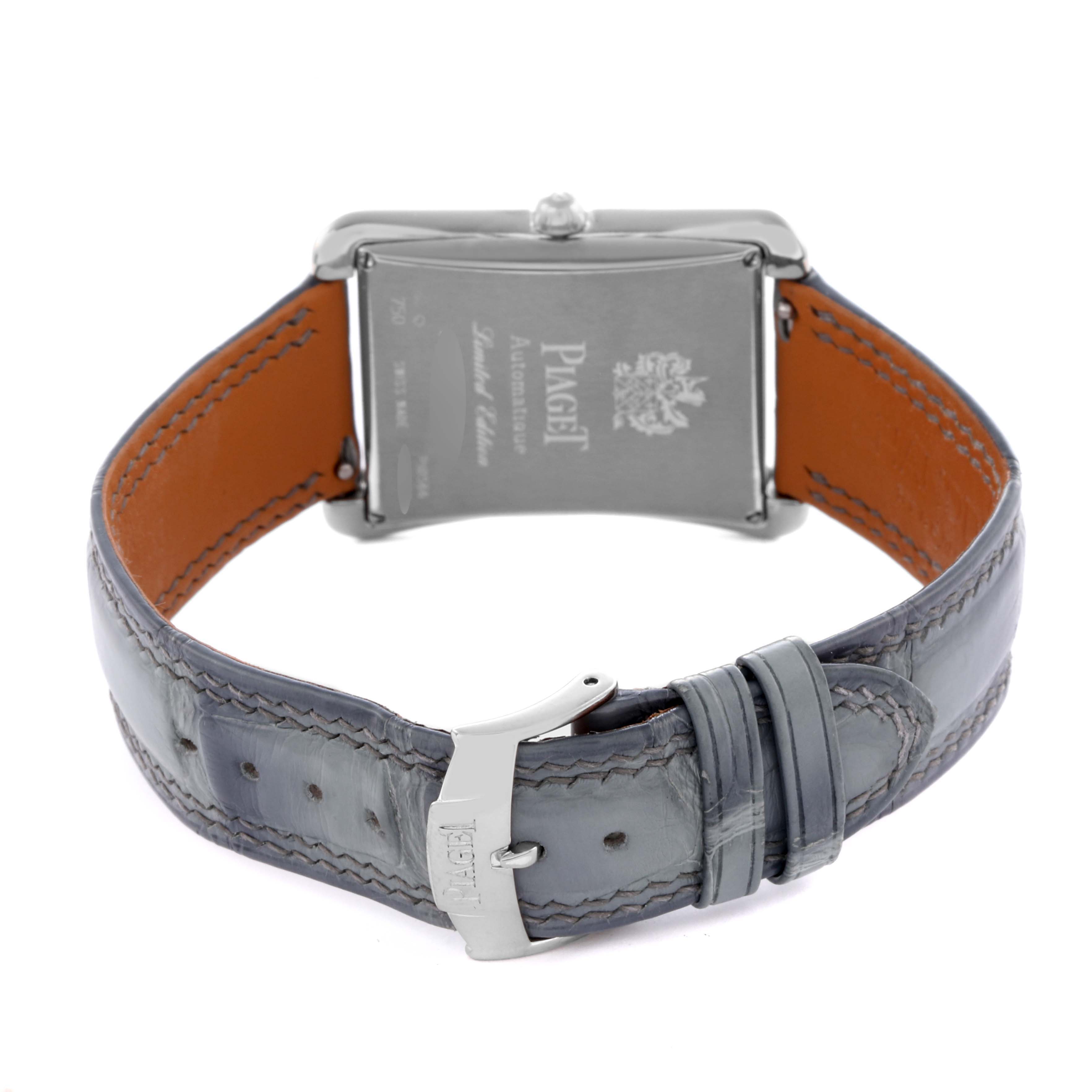 The Piaget P10566 Men's Yellow Gold Grey Dial P10566 Men's Yellow Gold Grey Dial Emperador Automatic P10566 is shown from the back, highlighting the case back and leather strap with buckle.