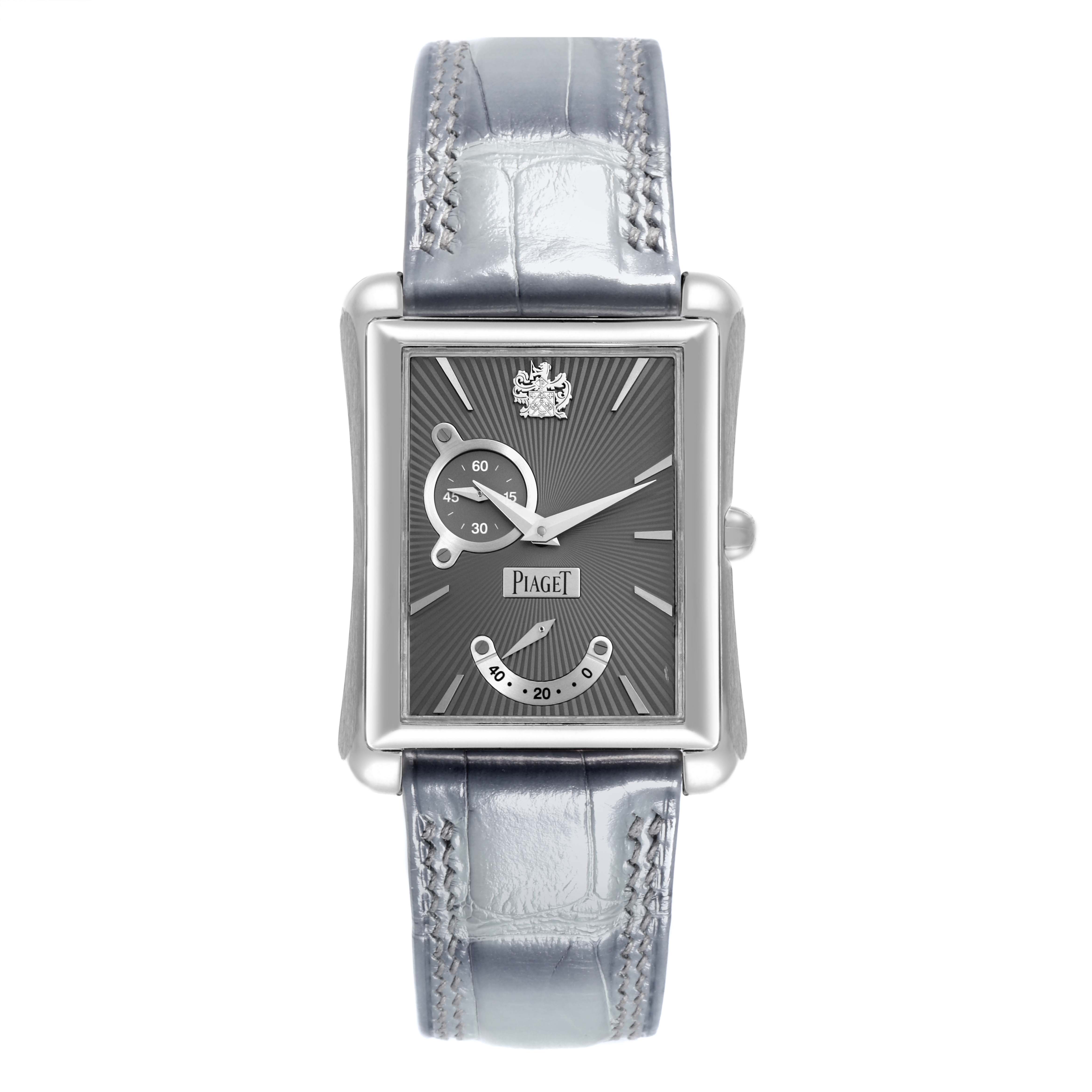 The Piaget P10566 Men's Yellow Gold Grey Dial P10566 Men's Yellow Gold Grey Dial Emperador Automatic P10566 watch is shown from a front angle, highlighting its dial and strap.