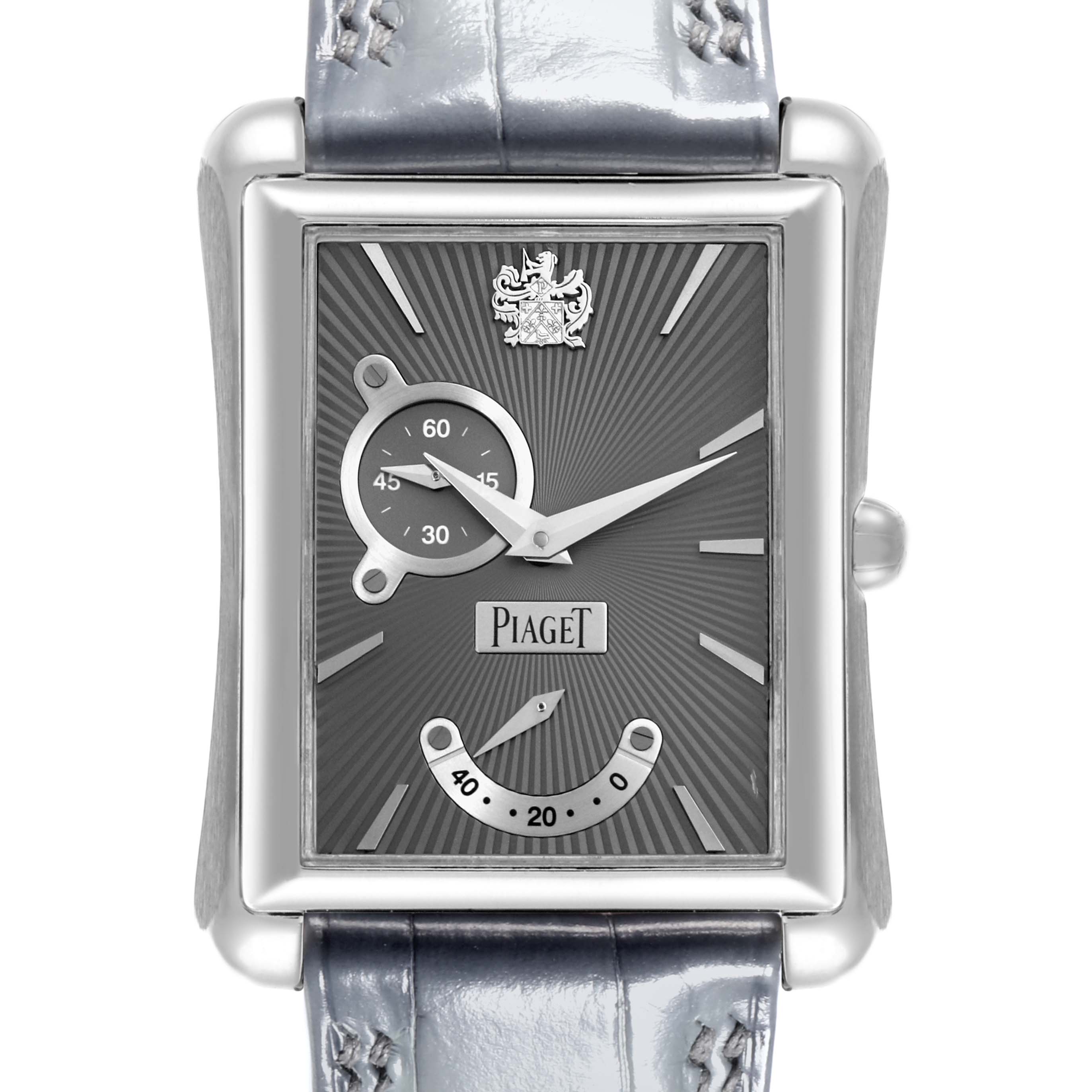 The Piaget P10566 Men's Yellow Gold Grey Dial P10566 Men's Yellow Gold Grey Dial Emperador Automatic P10566 watch is shown from a front angle, highlighting its rectangular case, dial, and crown.