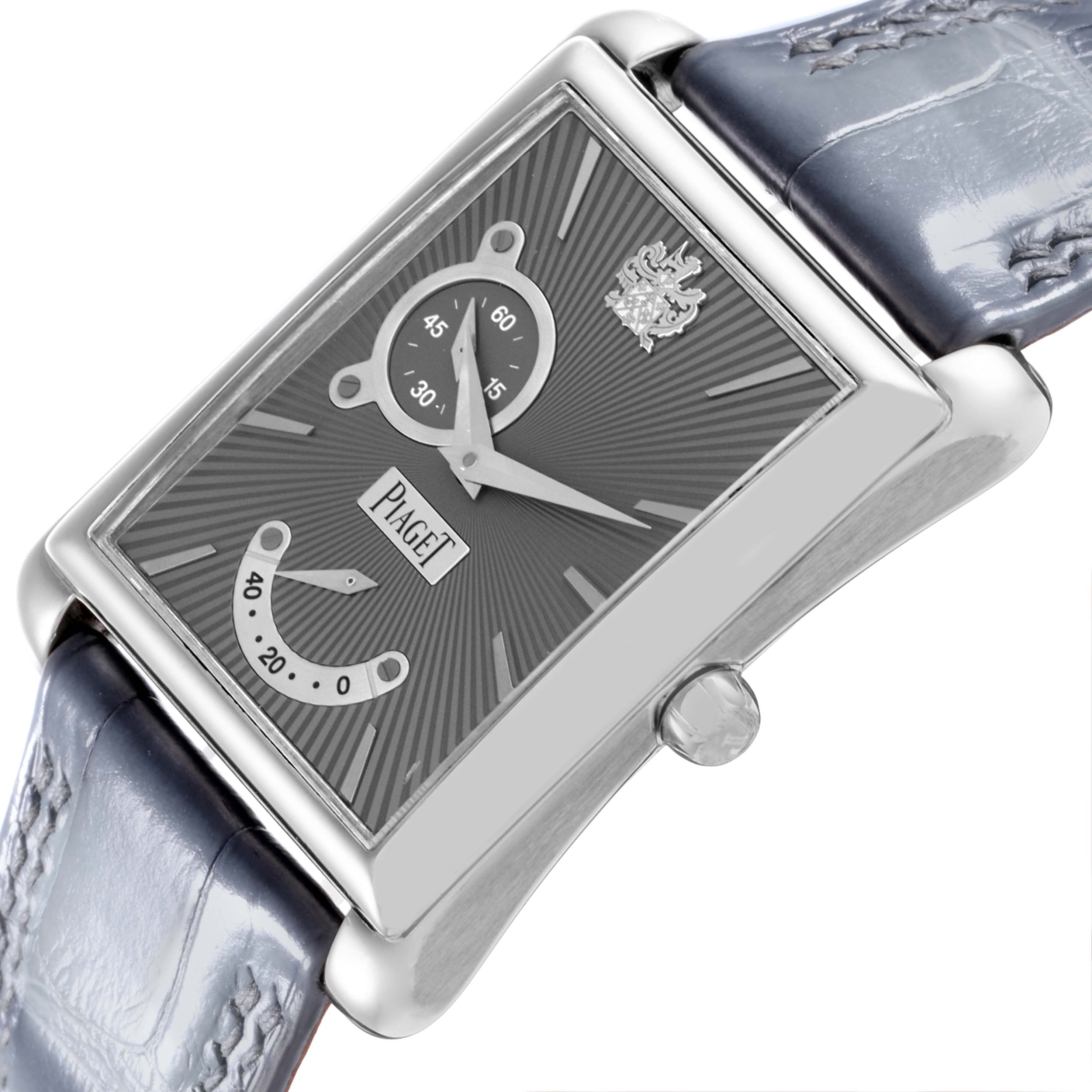 The Piaget P10566 Men's Yellow Gold Grey Dial P10566 Men's Yellow Gold Grey Dial Emperador Automatic White Gold Men's Watch P10566 is shown at an angled close-up, highlighting the dial and strap texture.