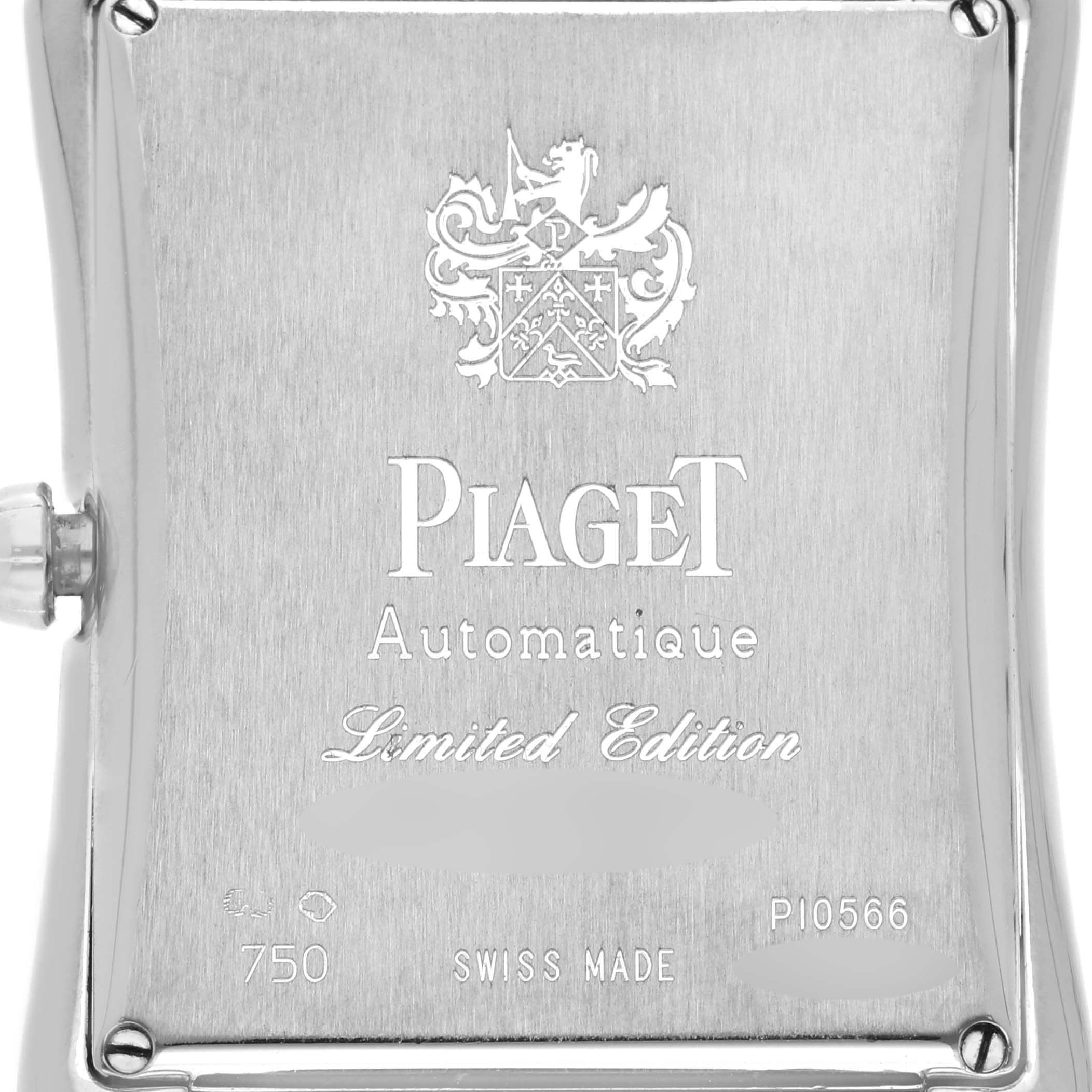 The image shows the back case of a Piaget P10566 Men's Yellow Gold Grey Dial P10566 Men's Yellow Gold Grey Dial Emperador Automatic White Gold Mens Watch, model P10566, with branding and details.