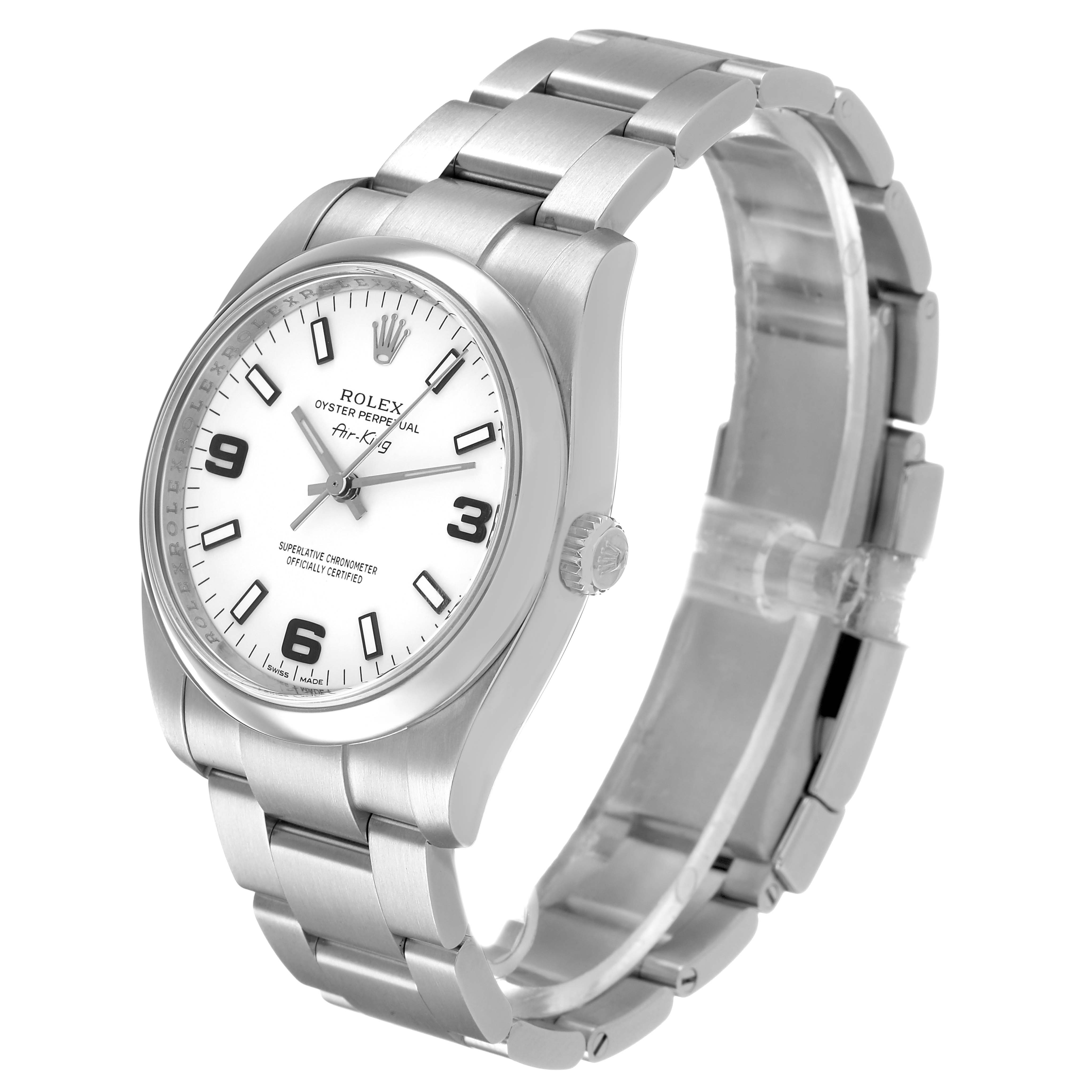 The Rolex Air-King 114200 Men's Stainless Steel White Dial watch is shown at an angled side view, displaying the face, crown, and bracelet.