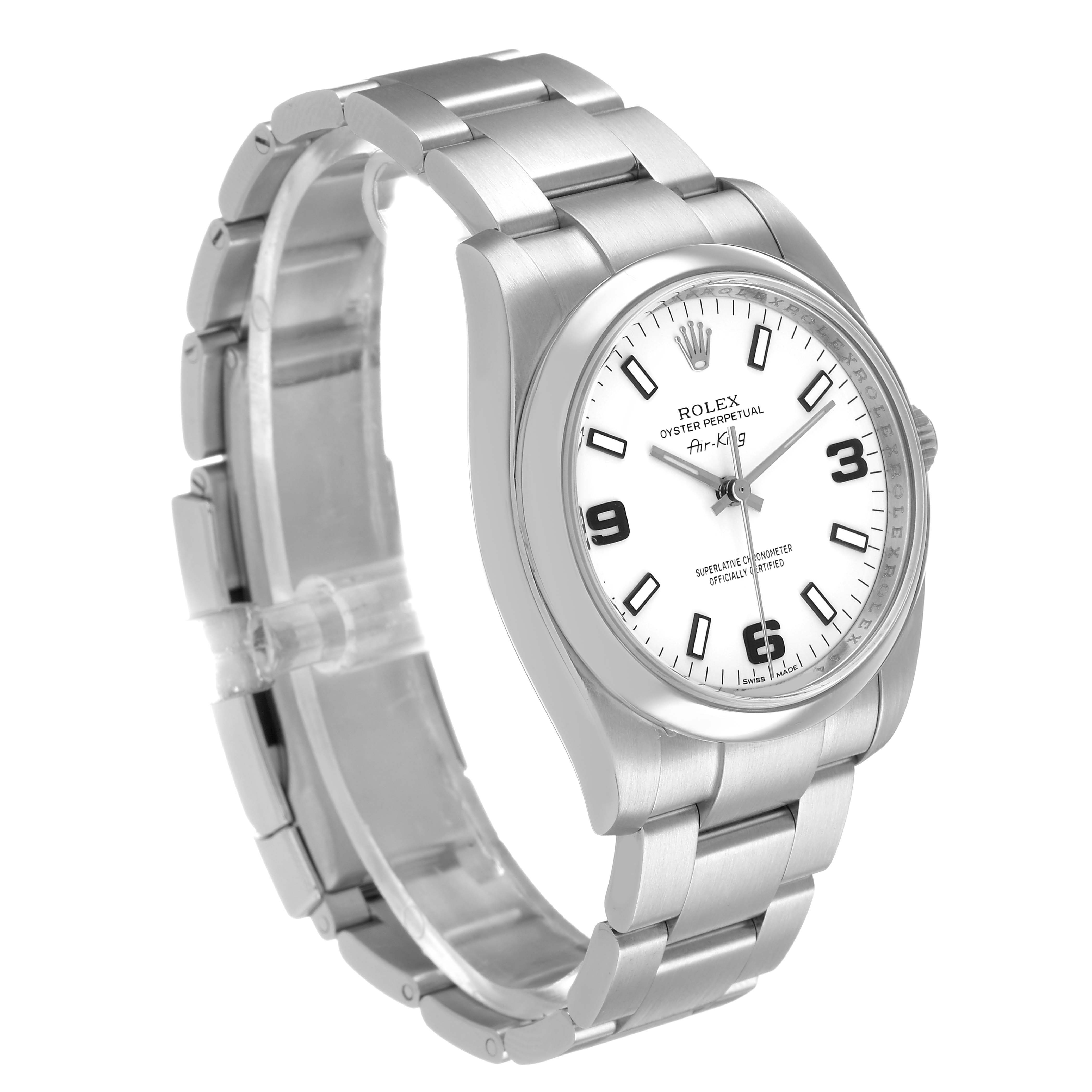 The Rolex Air-King 114200 Men's Stainless Steel White Dial watch is shown at a three-quarter angle, highlighting the dial, bezel, and bracelet.