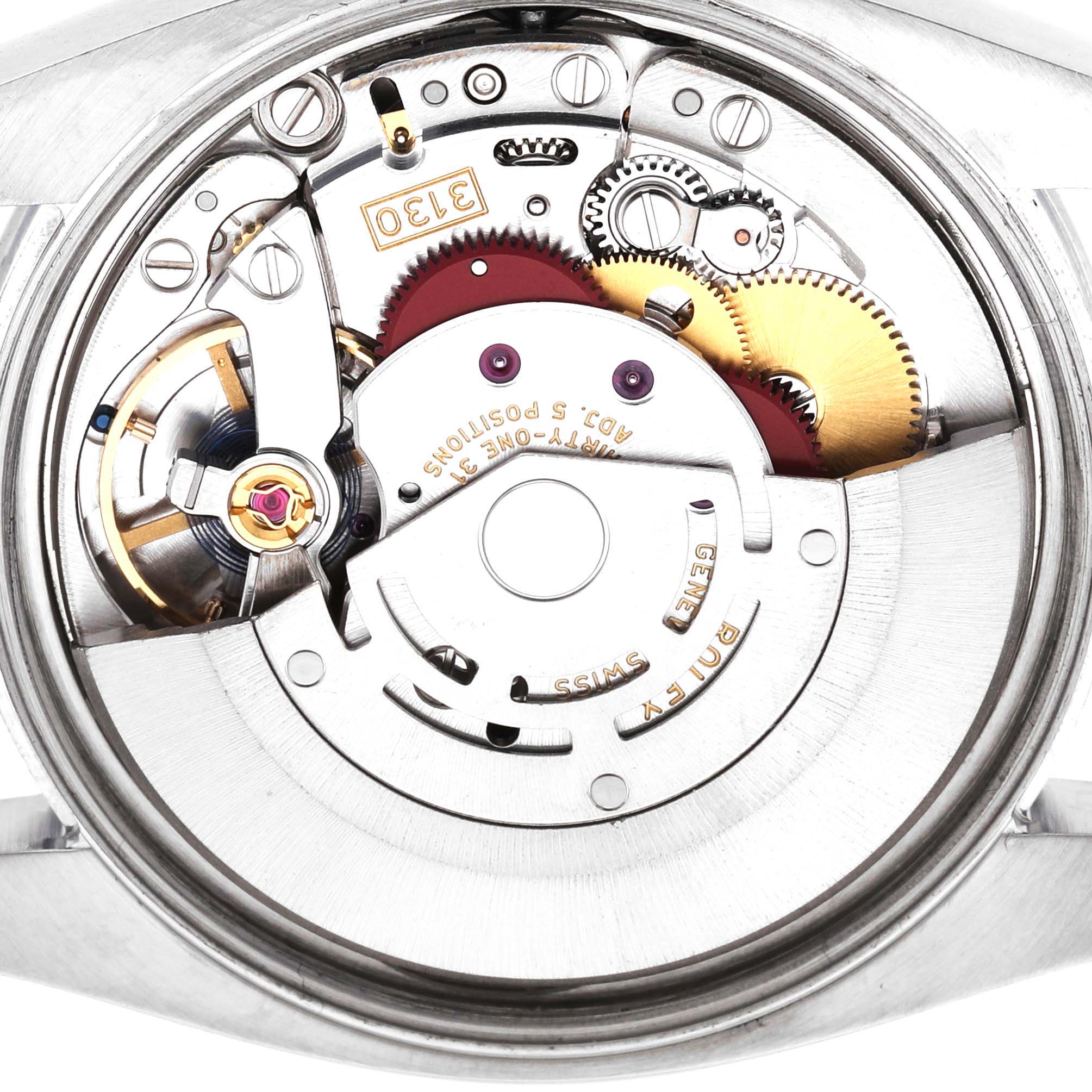 The image shows the back of a Rolex Air-King 114200 Men's Stainless Steel White Dial, highlighting its movement and internal mechanics.