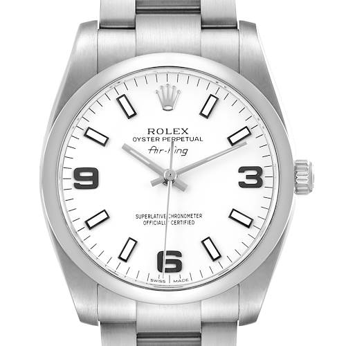 The image shows a front view of the Rolex Air-King 114200 Men's Stainless Steel White Dial watch, highlighting its dial, bezel, crown, and part of the bracelet.