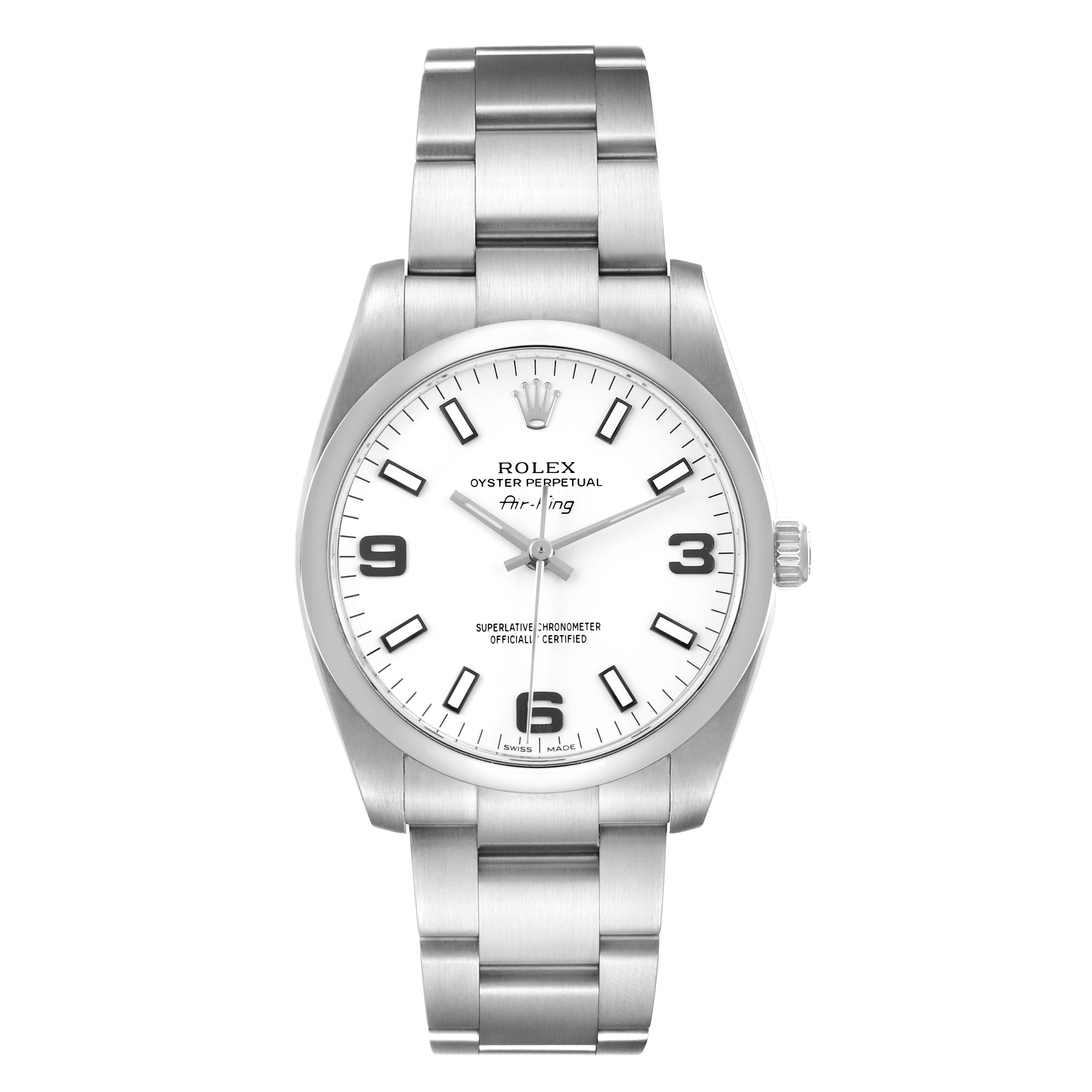 The Rolex Air-King 114200 Men's Stainless Steel White Dial watch is shown from a top view, displaying its face, bezel, and bracelet.