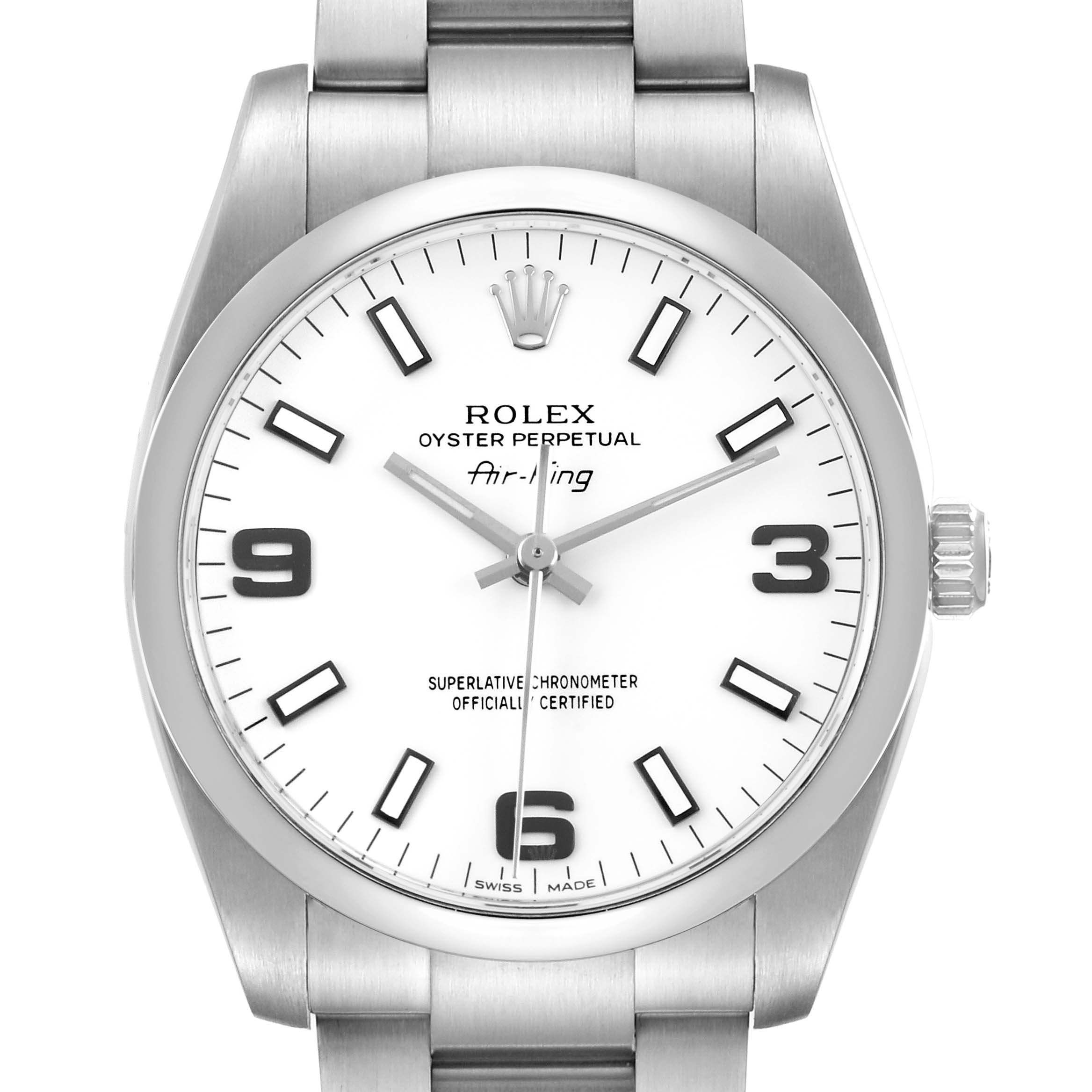The Rolex Air-King 114200 Men's Stainless Steel White Dial watch is shown from a front angle, featuring its dial, bezel, crown, and part of the bracelet.