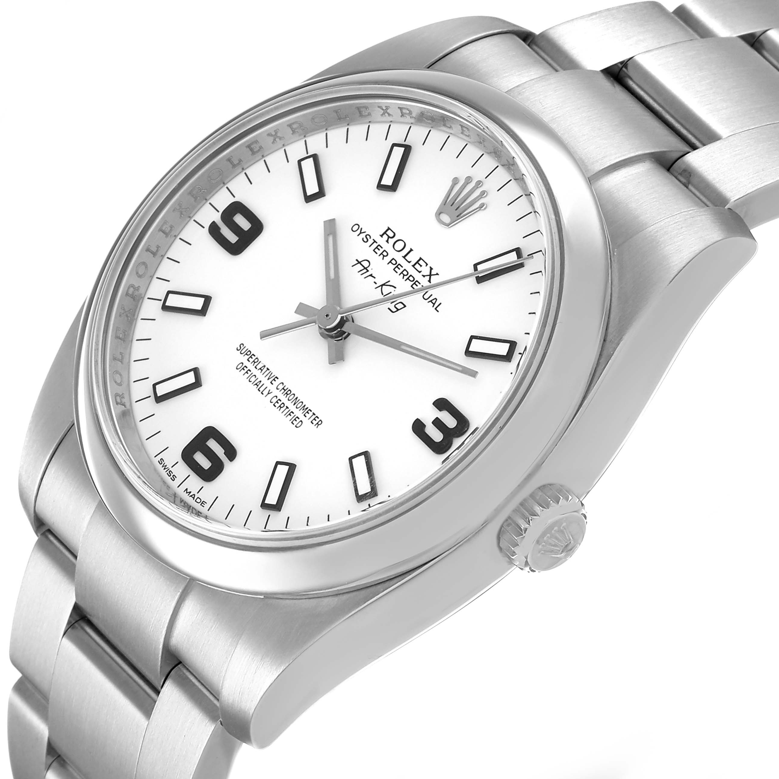 The Rolex Air-King 114200 Men's Stainless Steel White Dial watch is shown at a slight angle, highlighting the white dial, crown, bezel, and metal bracelet.
