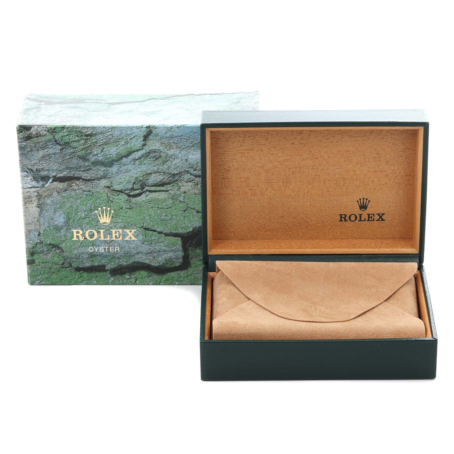 The image shows a Rolex Air-King 14000M Men's Stainless Steel Pink Dial 14000M Men's Stainless Steel Pink Dial watch box, with its outer box and inner suede pouch displayed.