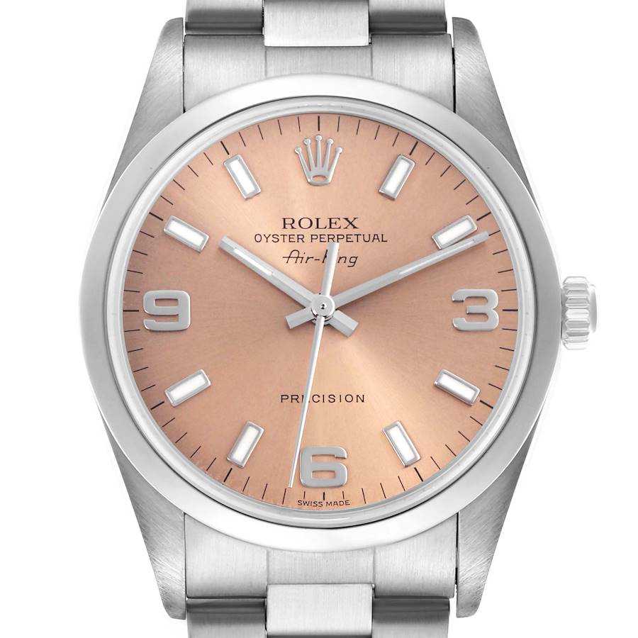 The Rolex Air-King watch is shown from a front angle, displaying its dial, hands, crown, and part of the bracelet.