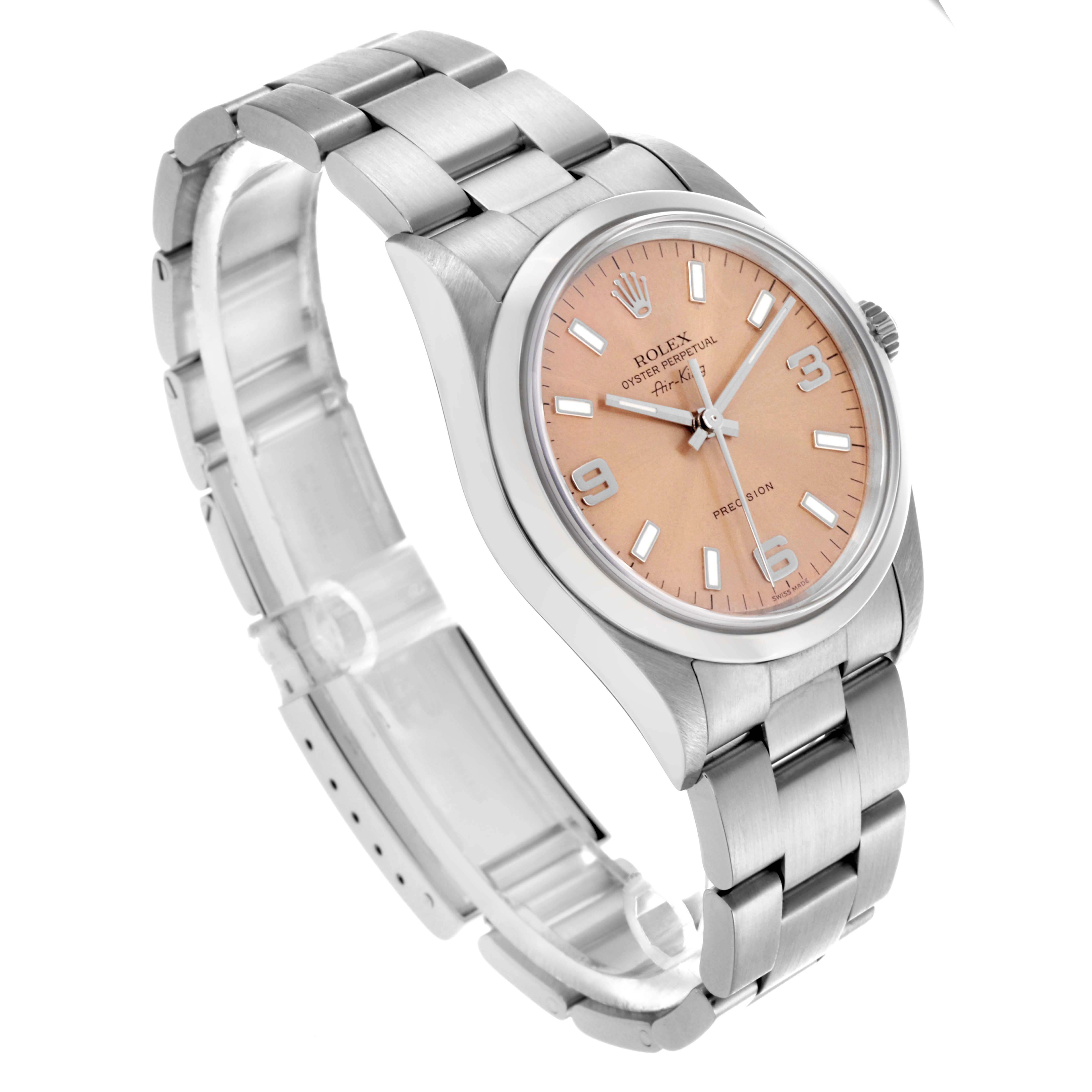 The Rolex Air-King 14000M Men's Stainless Steel Pink Dial 14000M Men's Stainless Steel Pink Dial watch is shown at a slightly tilted angle, displaying the full bracelet and face with a peach dial.