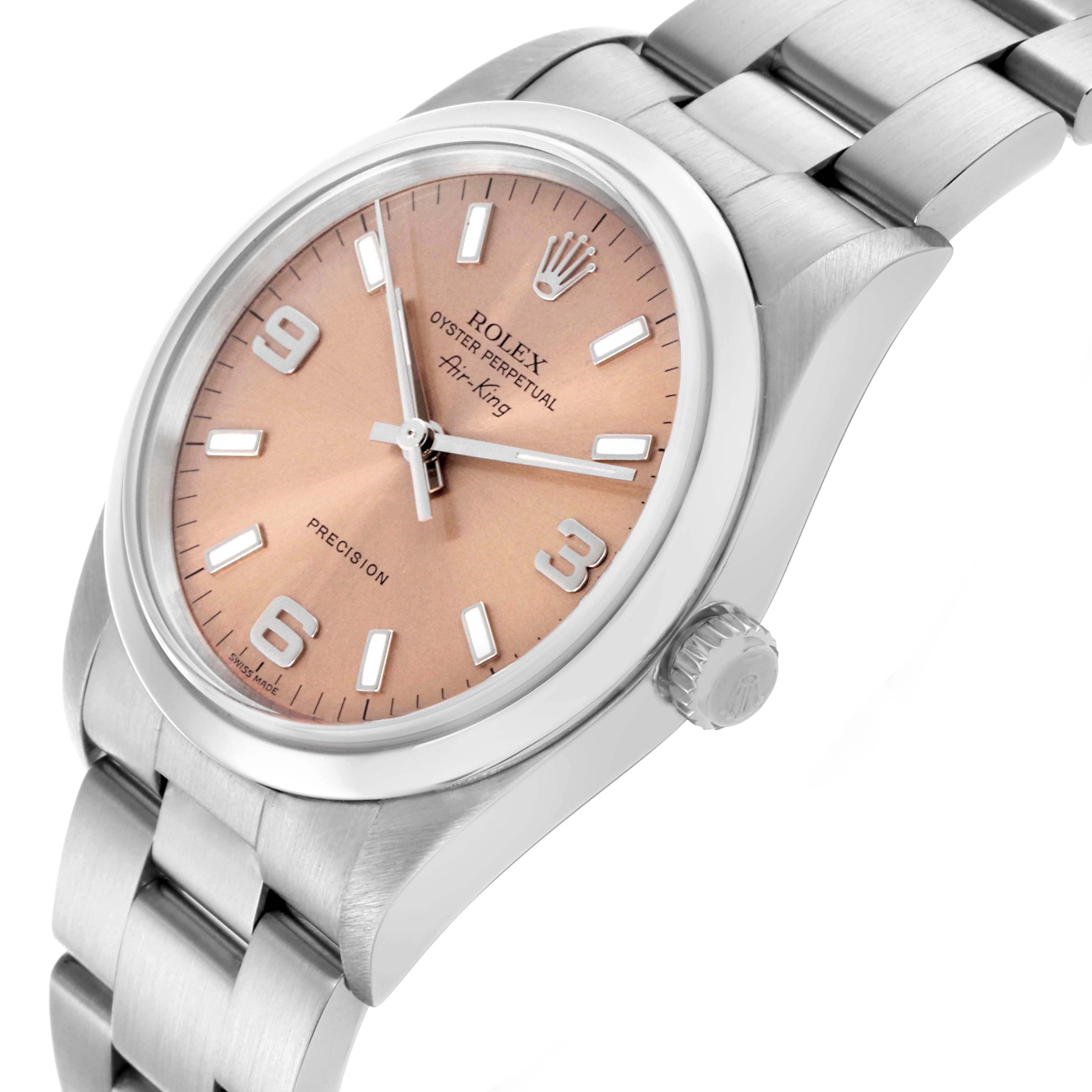 The Rolex Air-King 14000M Men's Stainless Steel Pink Dial 14000M Men's Stainless Steel Pink Dial watch is shown at an angle highlighting the dial, bezel, crown, and bracelet.