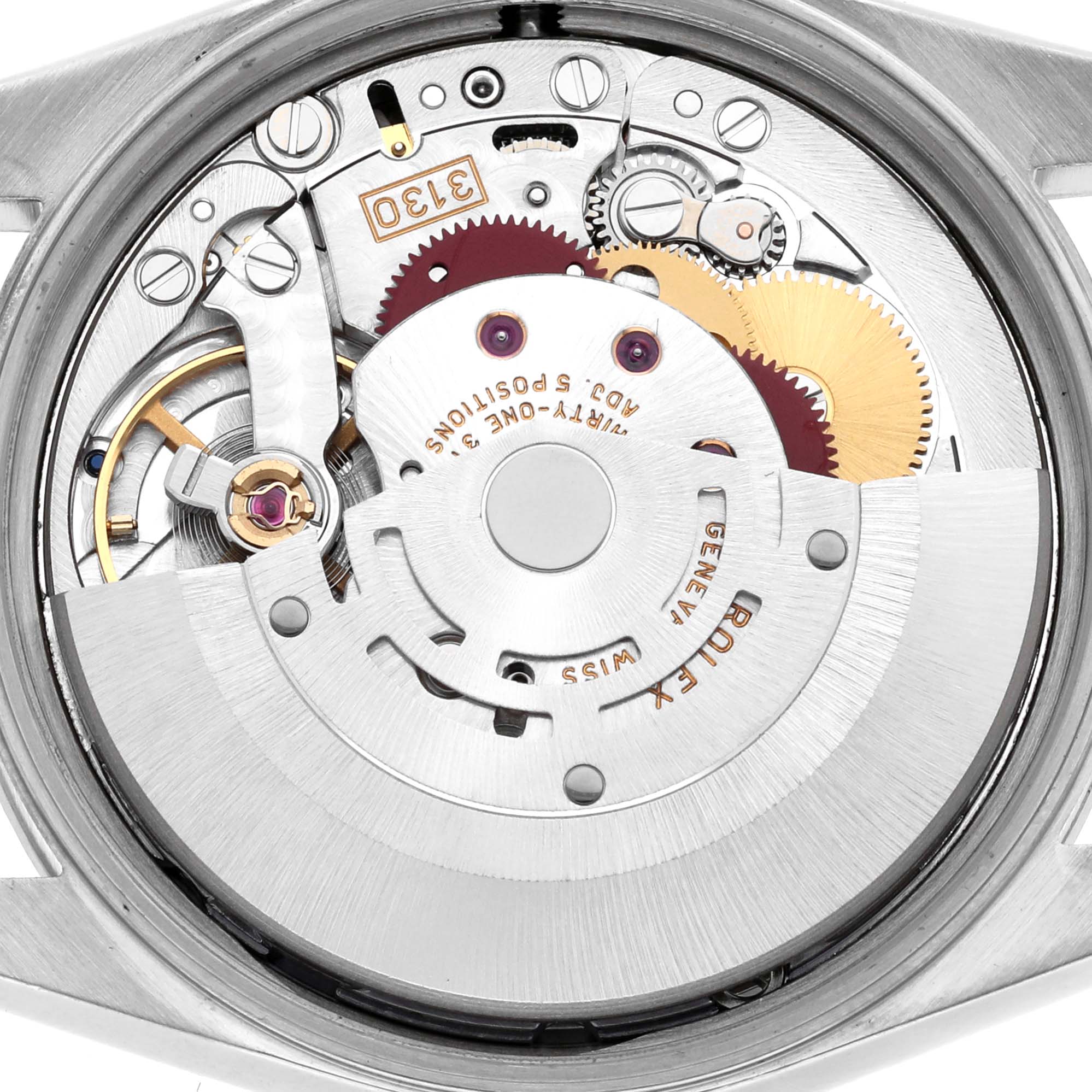 The image shows the movement and internal mechanics of the Rolex Air-King 14000M Men's Stainless Steel Pink Dial 14000M Men's Stainless Steel Pink Dial watch from a top-down angle.