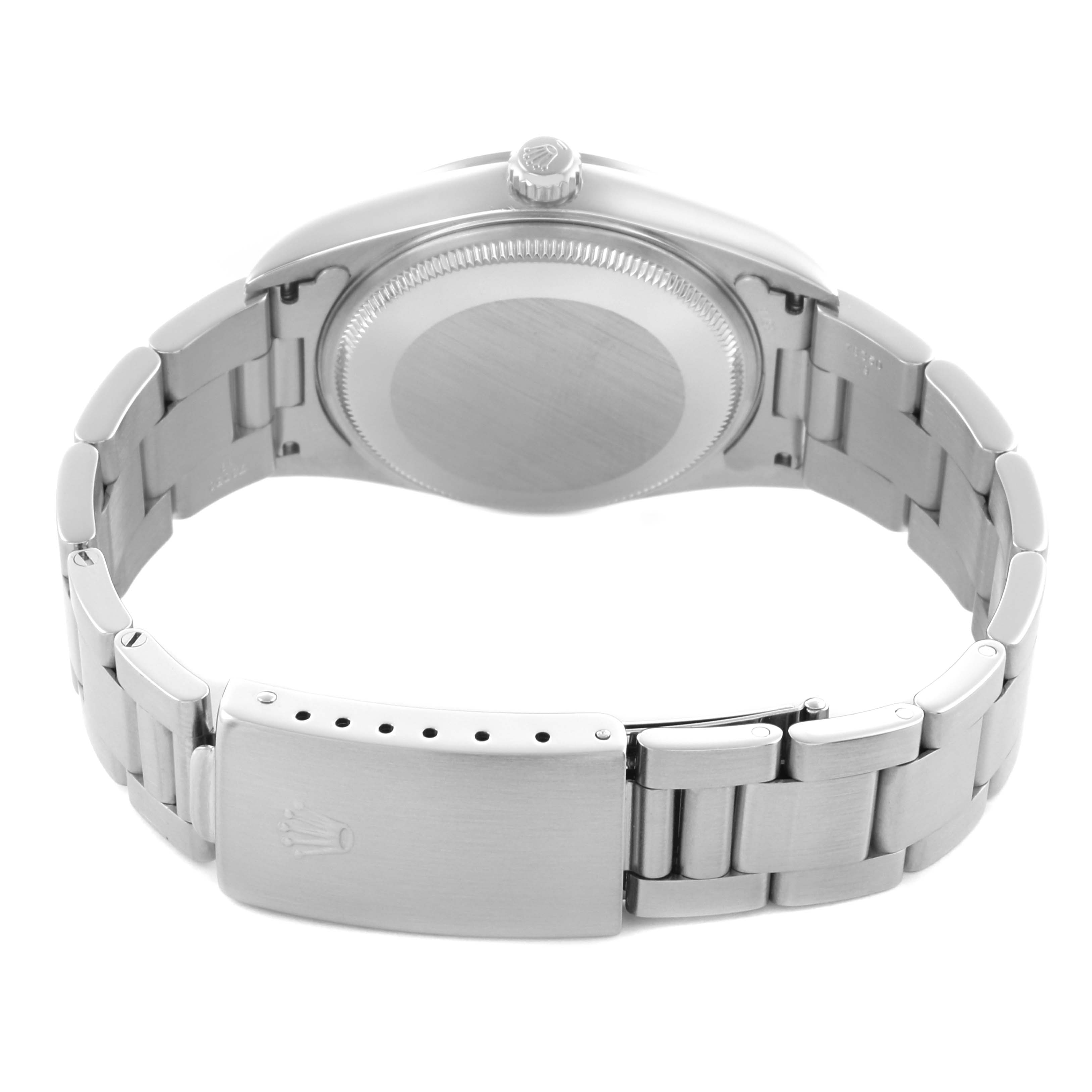 The Rolex Air-King 14000M Men's Stainless Steel Pink Dial 14000M Men's Stainless Steel Pink Dial watch is shown from the back, highlighting the case back, bracelet, and clasp.