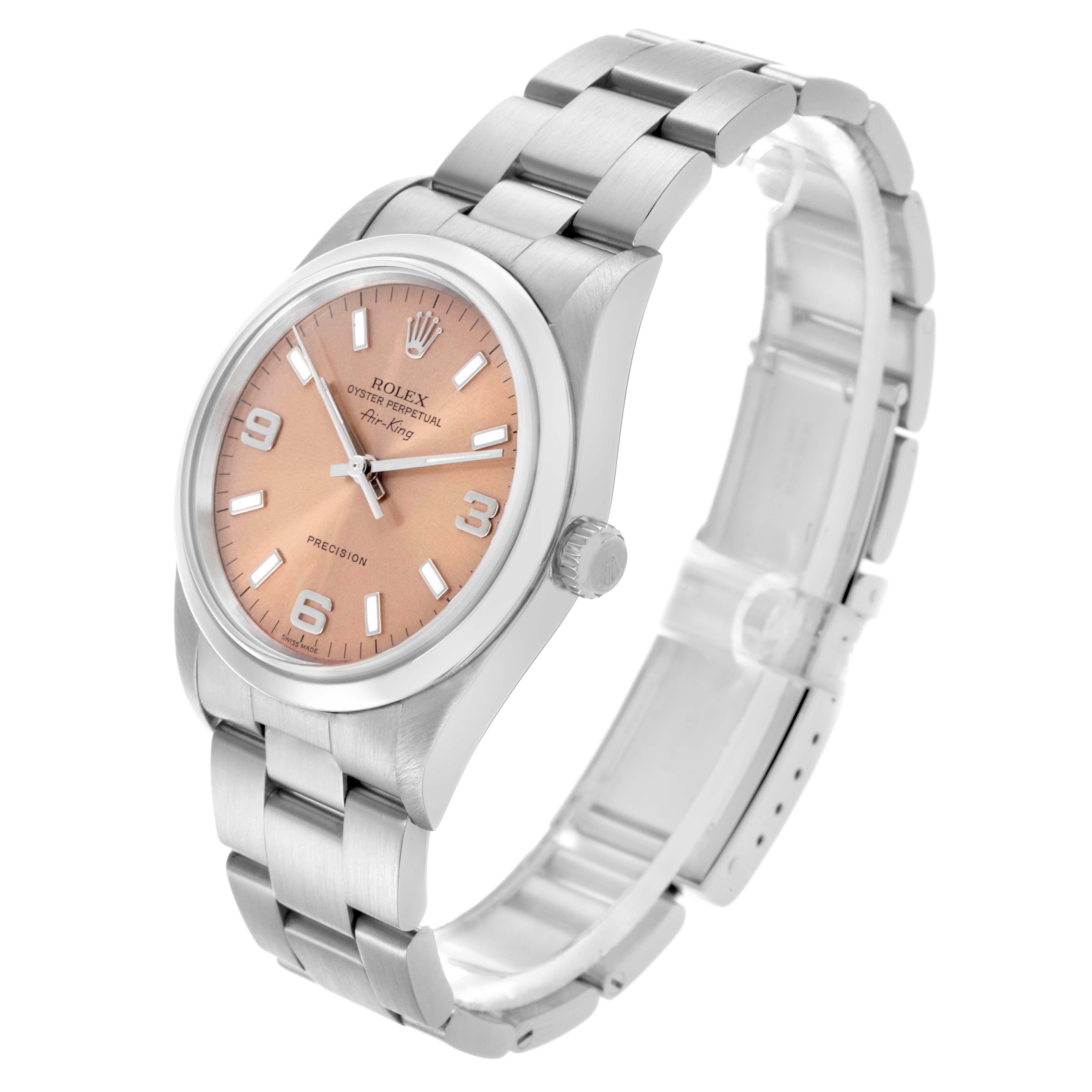 The Rolex Air-King 14000M Men's Stainless Steel Pink Dial 14000M Men's Stainless Steel Pink Dial watch is shown at a three-quarter angle, highlighting the dial, bezel, bracelet, and crown.