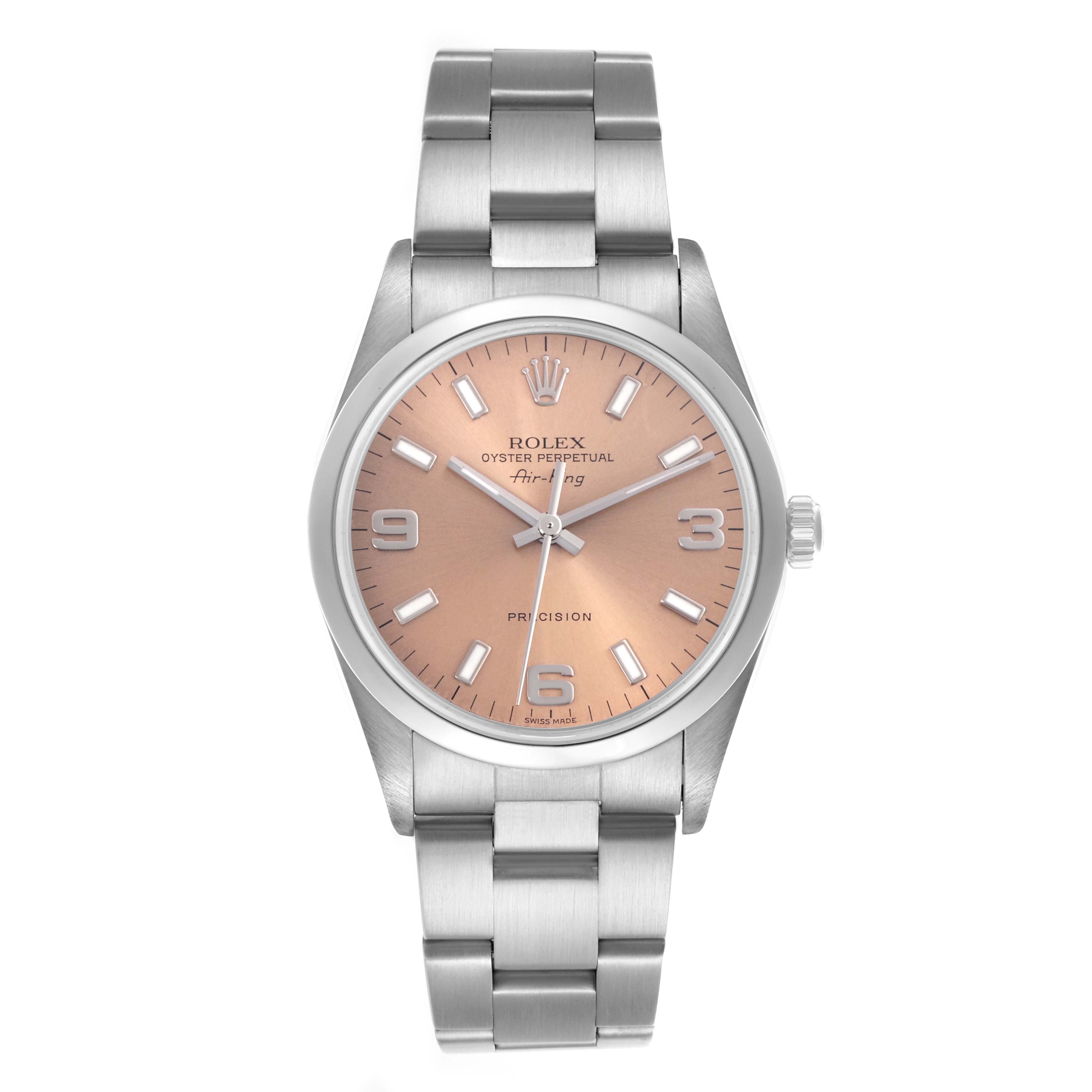 The Rolex Air-King 14000M Men's Stainless Steel Pink Dial 14000M Men's Stainless Steel Pink Dial watch is shown from a front angle, displaying the dial, case, and bracelet clearly.