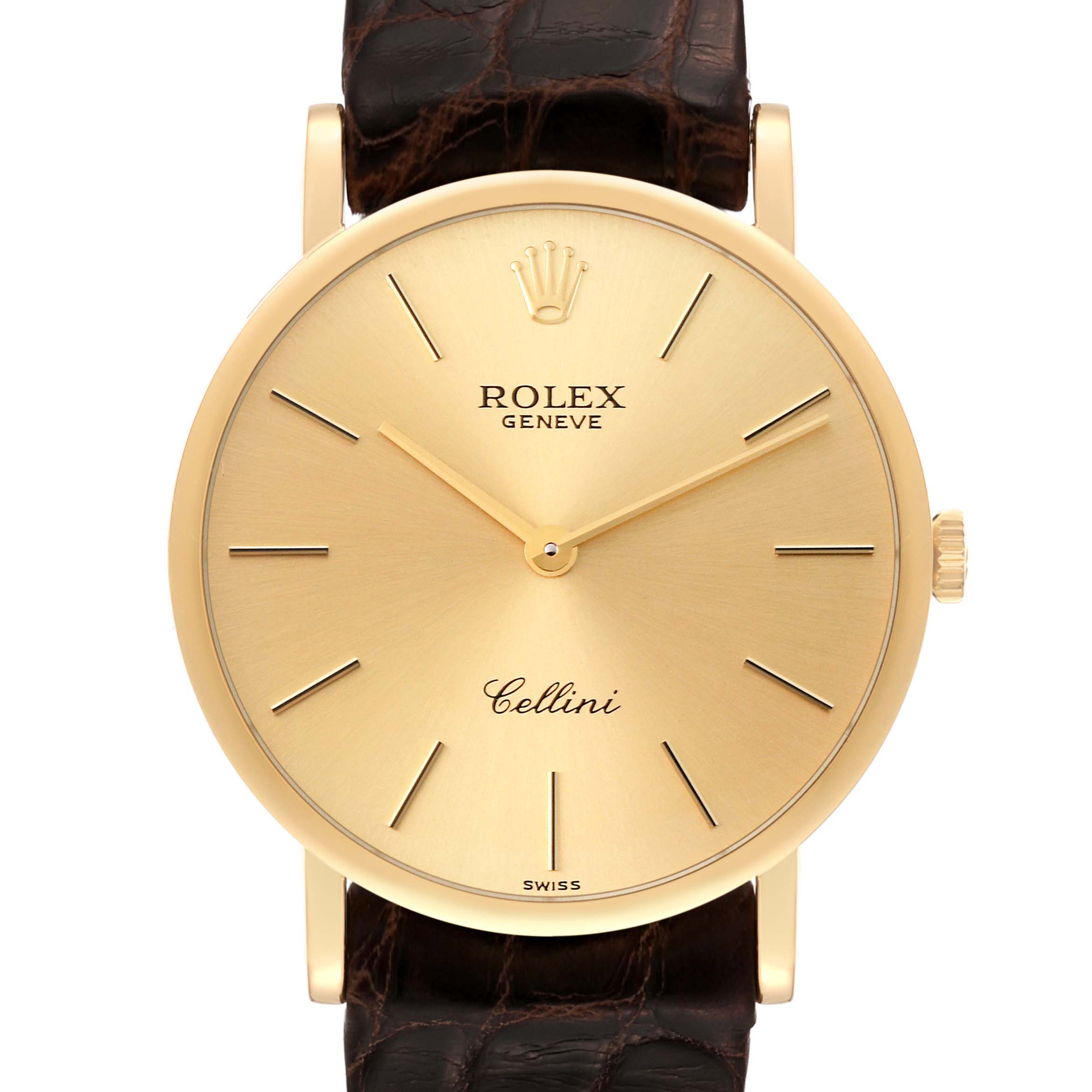 The image shows a front view of the Rolex Cellini 5112/8 Men
s Yellow Gold Champagne Dial 5112/8 Men
s Yellow Gold Champagne Dial watch face and part of its leather strap.