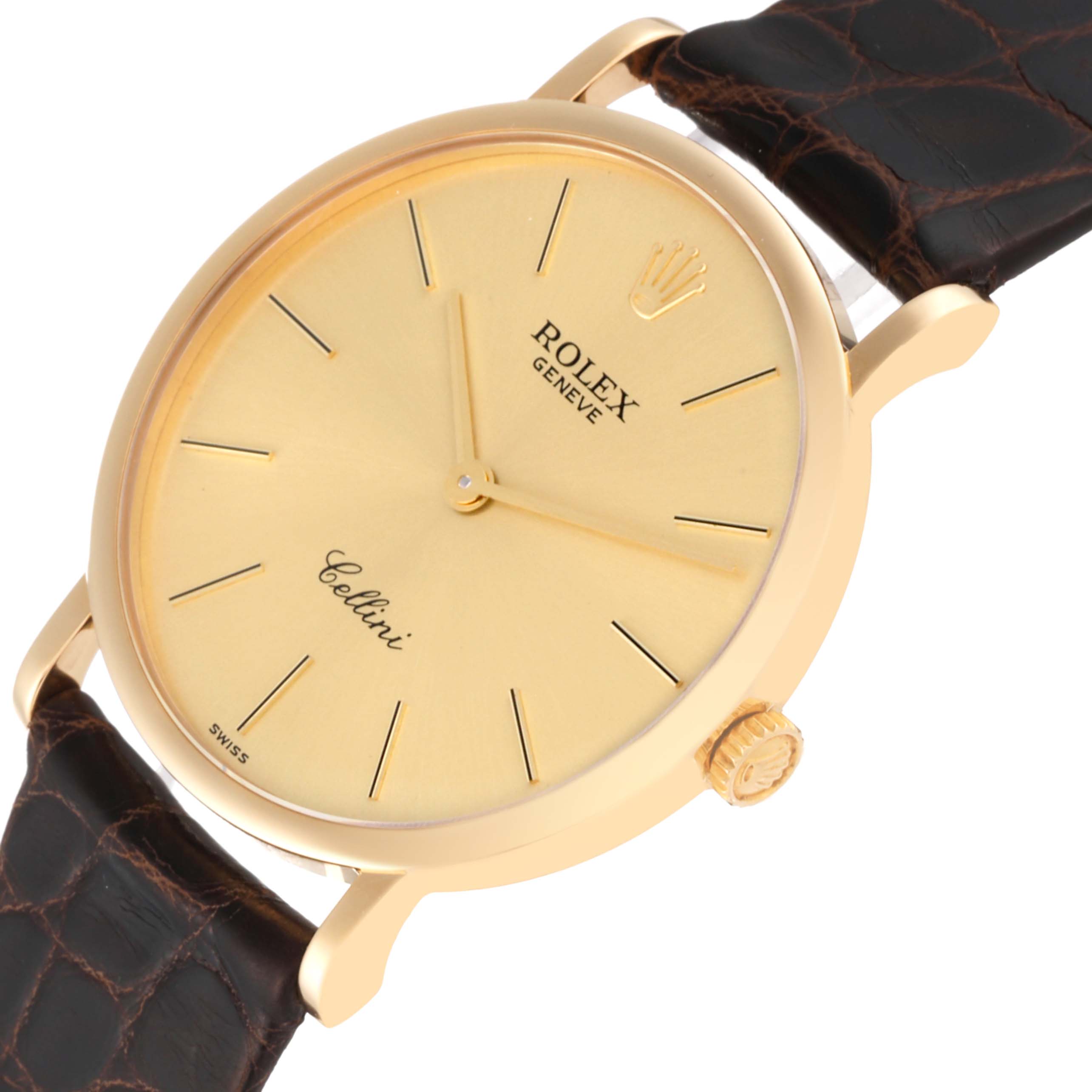 This is a close-up angled view of a Rolex Cellini 5112/8 Men
s Yellow Gold Champagne Dial 5112/8 Men
s Yellow Gold Champagne Dial watch, showcasing its gold dial, crown, and brown leather strap.