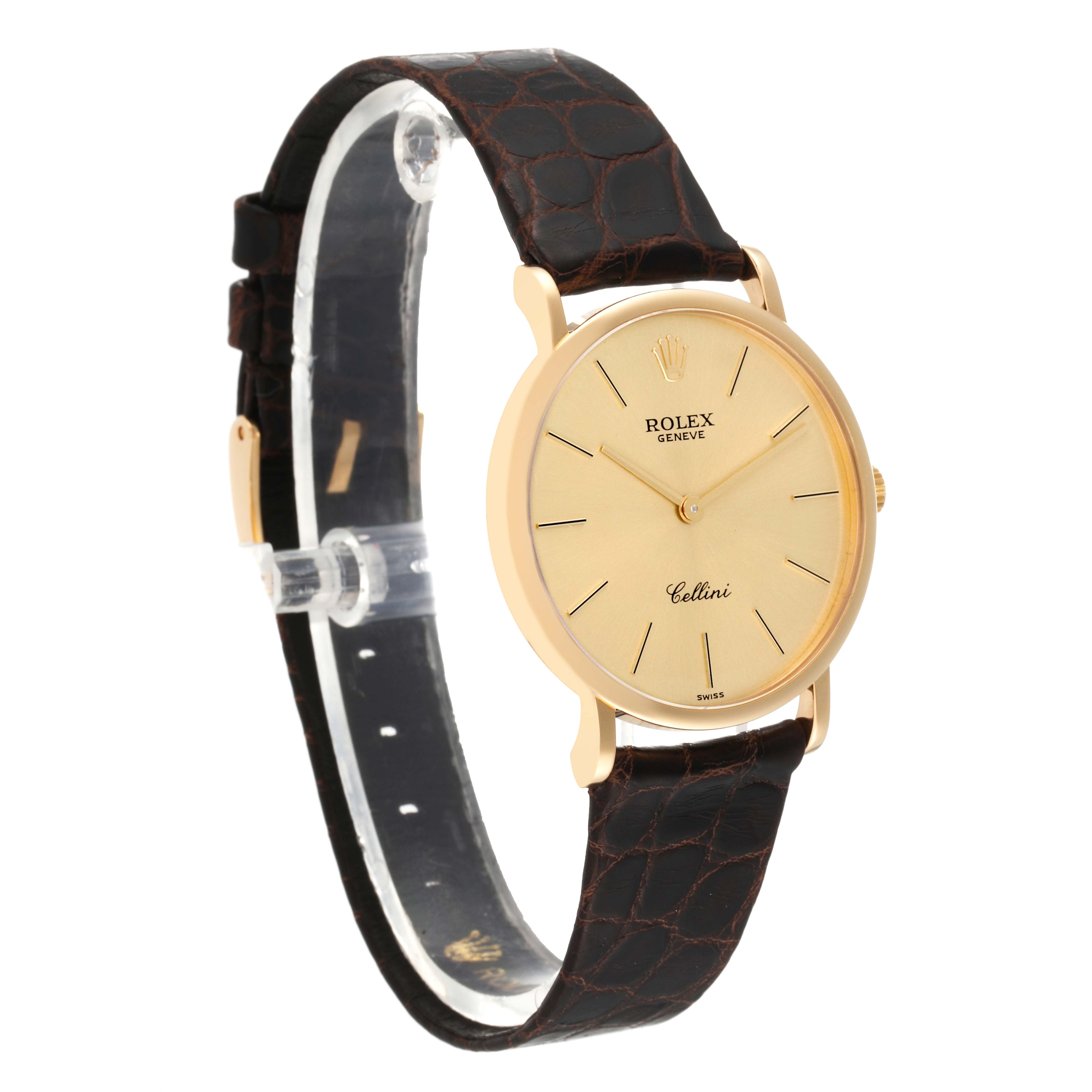 The image shows a Rolex Cellini 5112/8 Men
s Yellow Gold Champagne Dial 5112/8 Men
s Yellow Gold Champagne Dial watch at a three-quarter angle, highlighting its face, bezel, and leather strap.