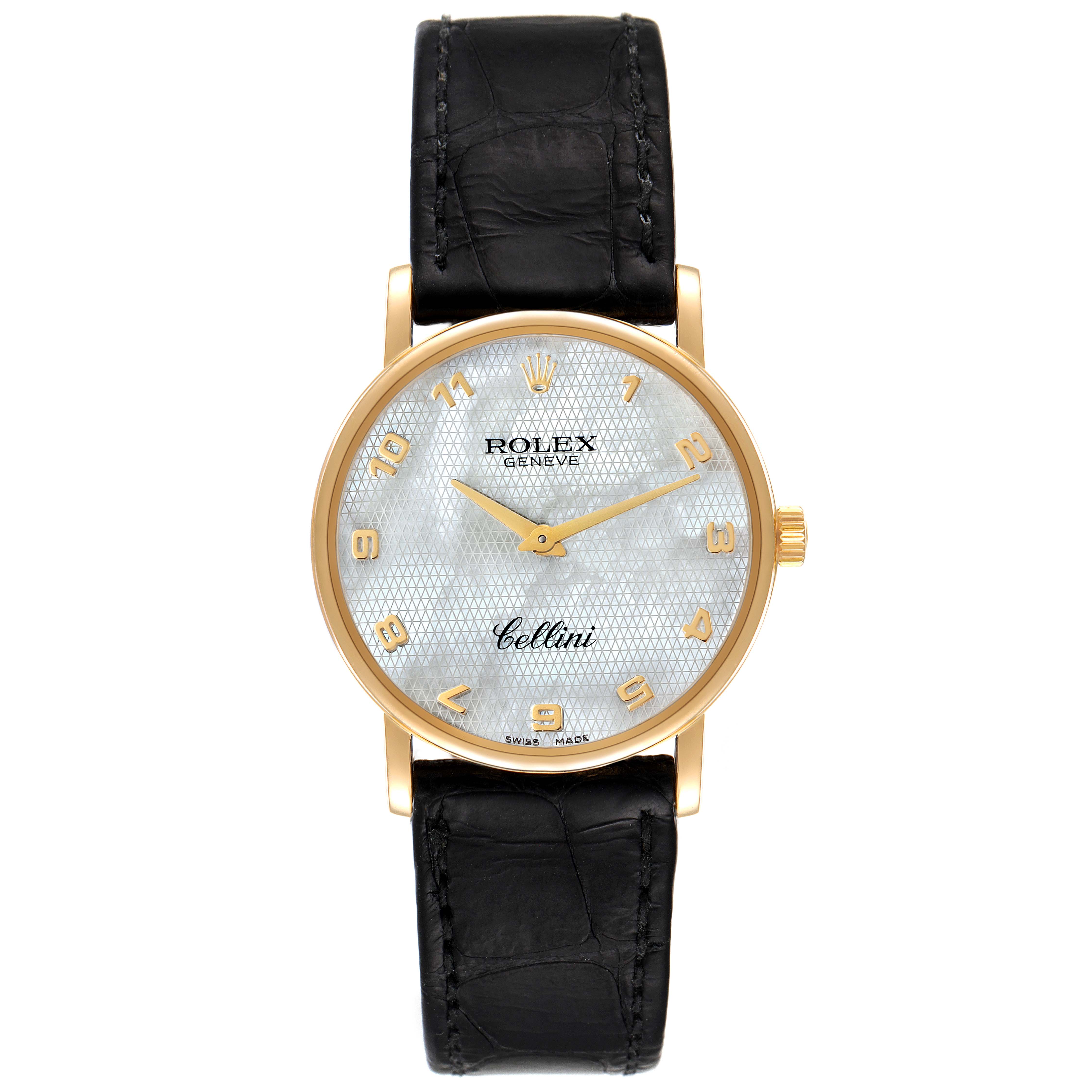 The image shows a frontal view of the Rolex Cellini 5115 Men's Yellow Gold Mother of Pearl Dial 5115 Men's Yellow Gold Mother of Pearl Dial watch, highlighting the face, dial, and black leather strap.