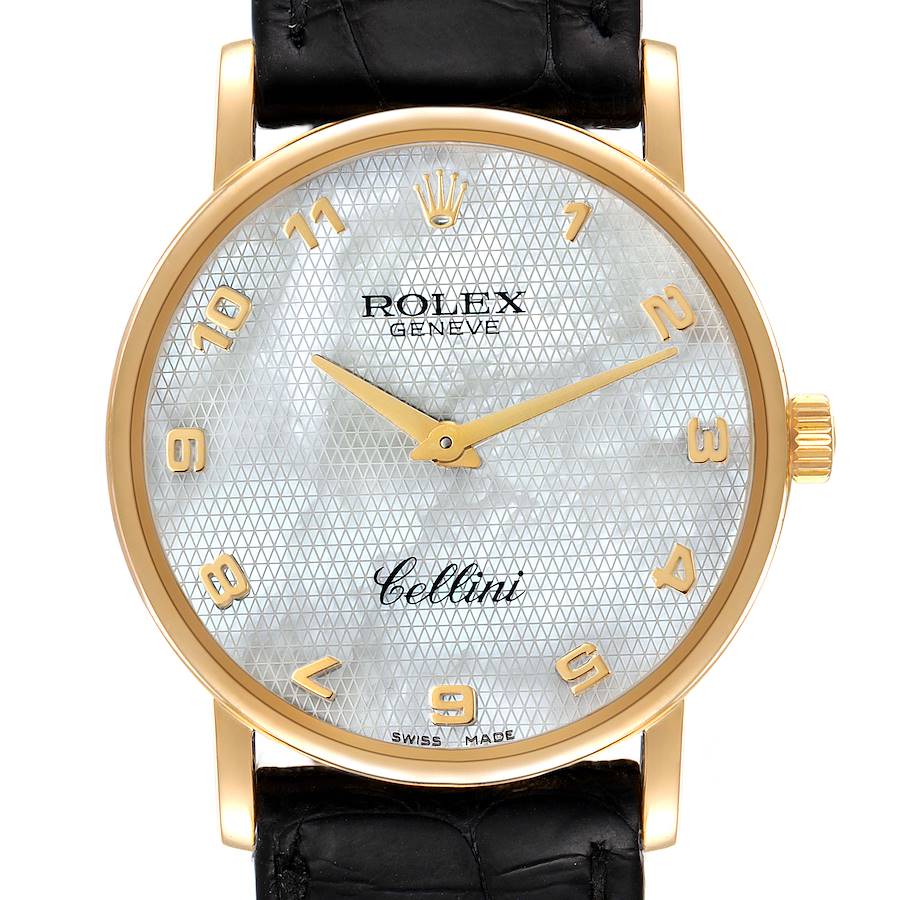 Rolex Cellini Classic Yellow Gold MOP Dial Black Strap Watch 5115 SwissWatchExpo