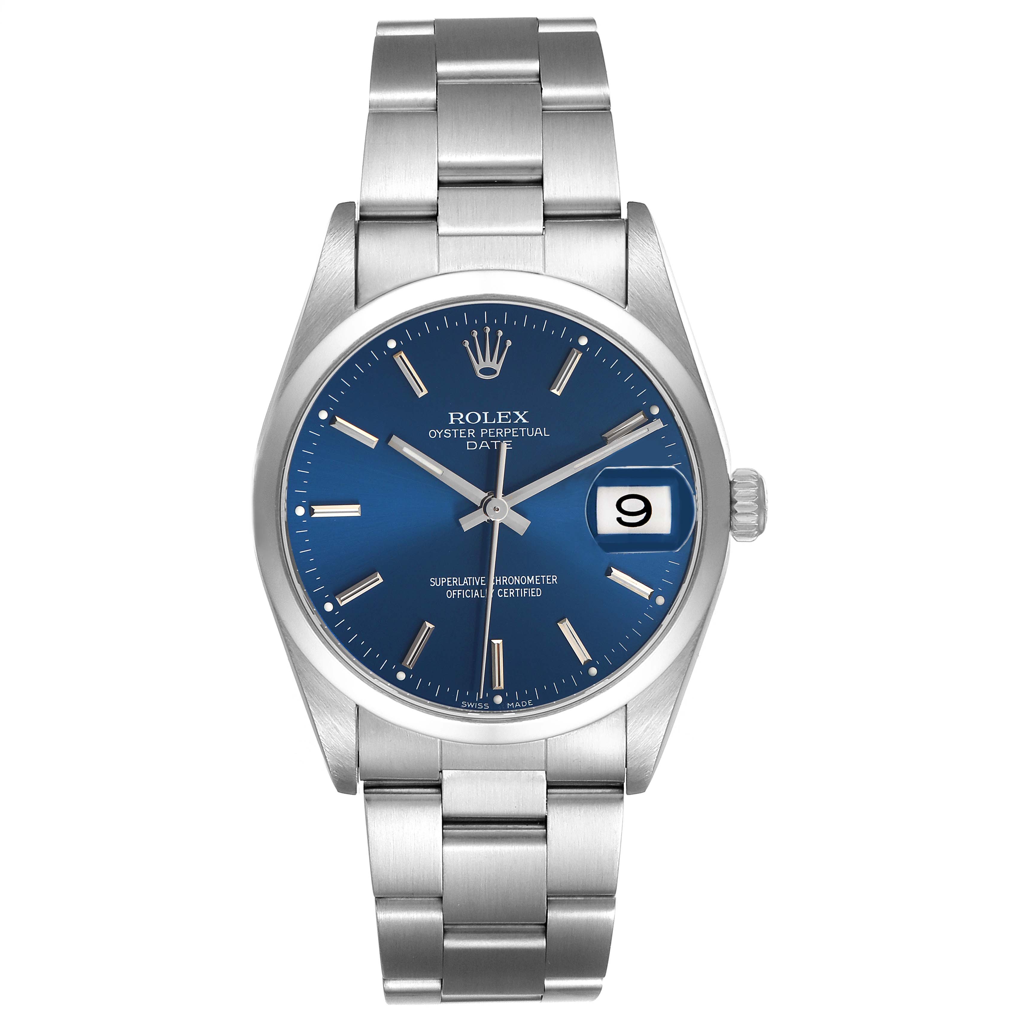 The Rolex Date 15200 Men's Stainless Steel Blue Dial model watch is shown face-on, displaying the dial, hands, bracelet, and date window clearly.