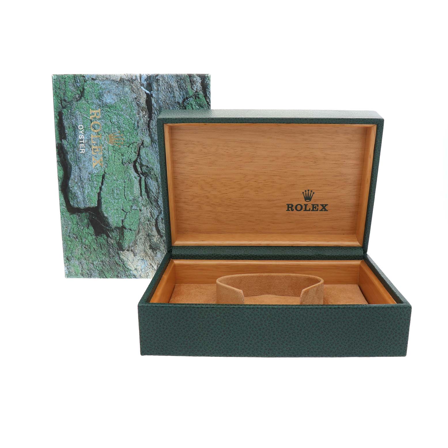 The image shows an open green Rolex Date 15200 Men's Stainless Steel Blue Dial watch box with a wood interior at a front angle.