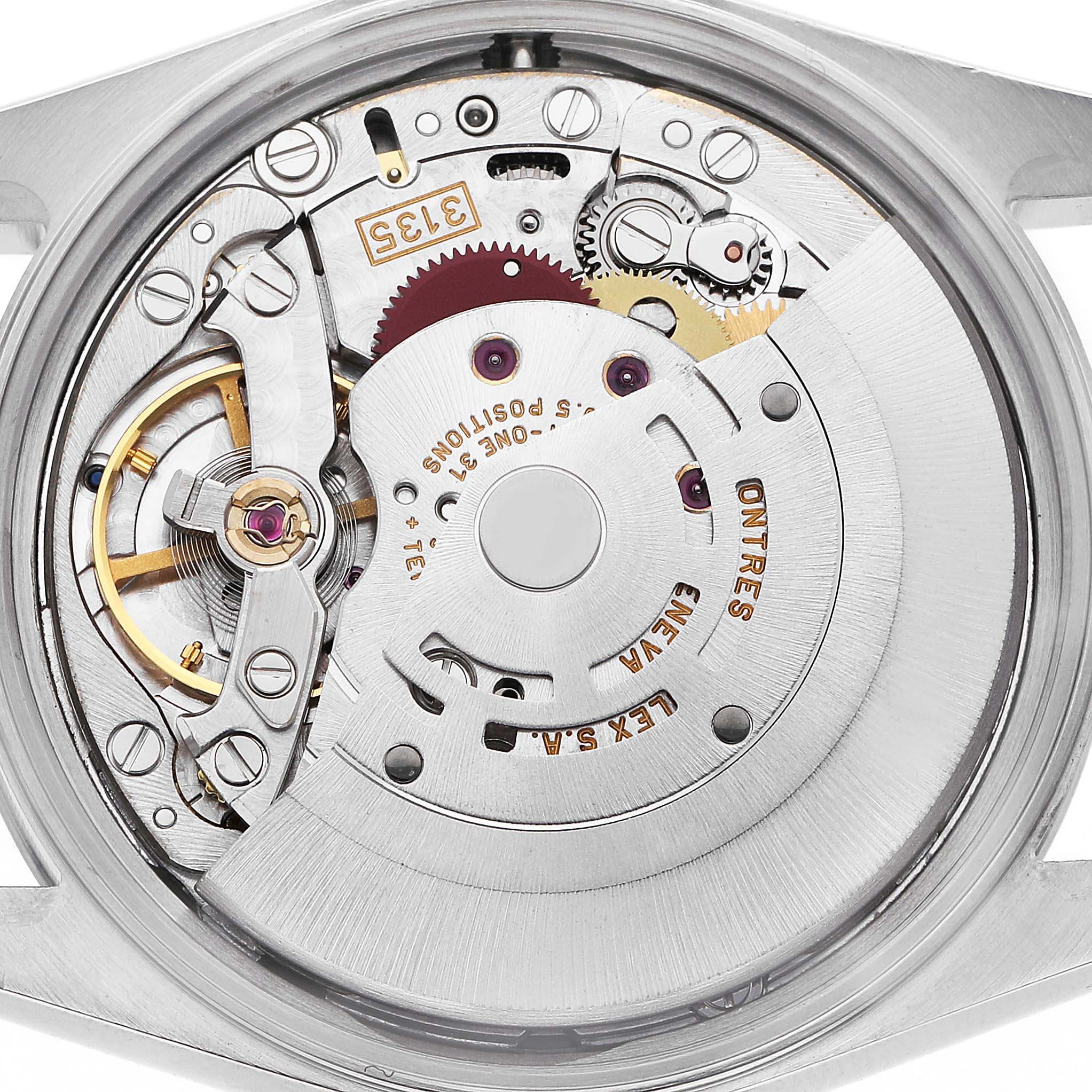 The image shows the movement of a Rolex Date 15200 Men's Stainless Steel Blue Dial watch from the back, highlighting gears and the rotor.