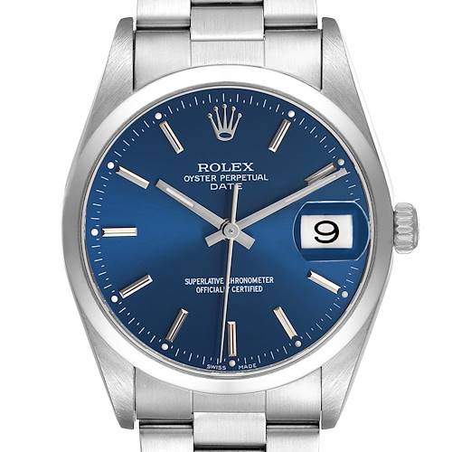 The Rolex Date 15200 Men's Stainless Steel Blue Dial watch is shown from a front angle, highlighting its blue dial, date window, case, and bracelet.