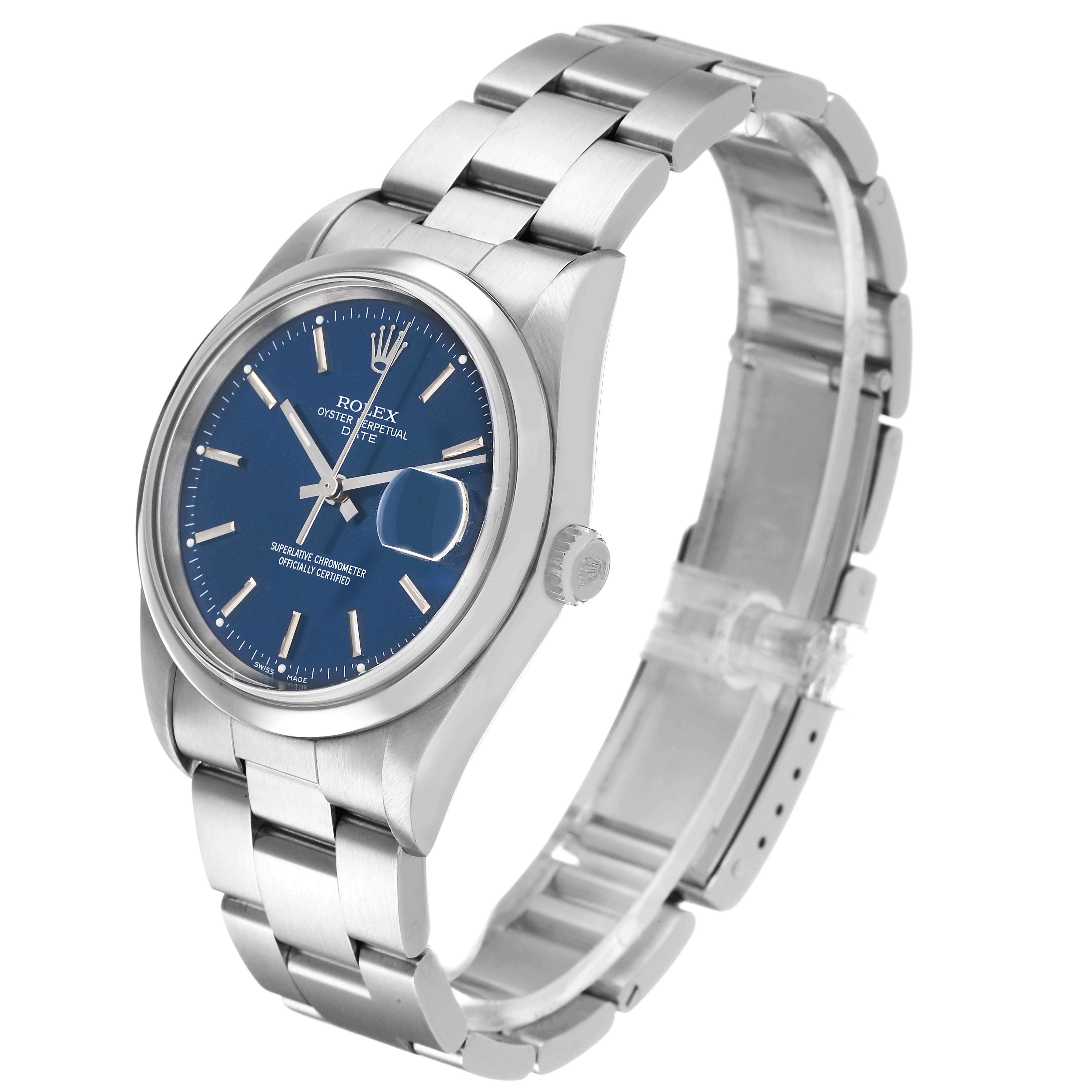 The Rolex Date 15200 Men's Stainless Steel Blue Dial watch is shown at a three-quarter angle, displaying the dial, bezel, crown, and bracelet.