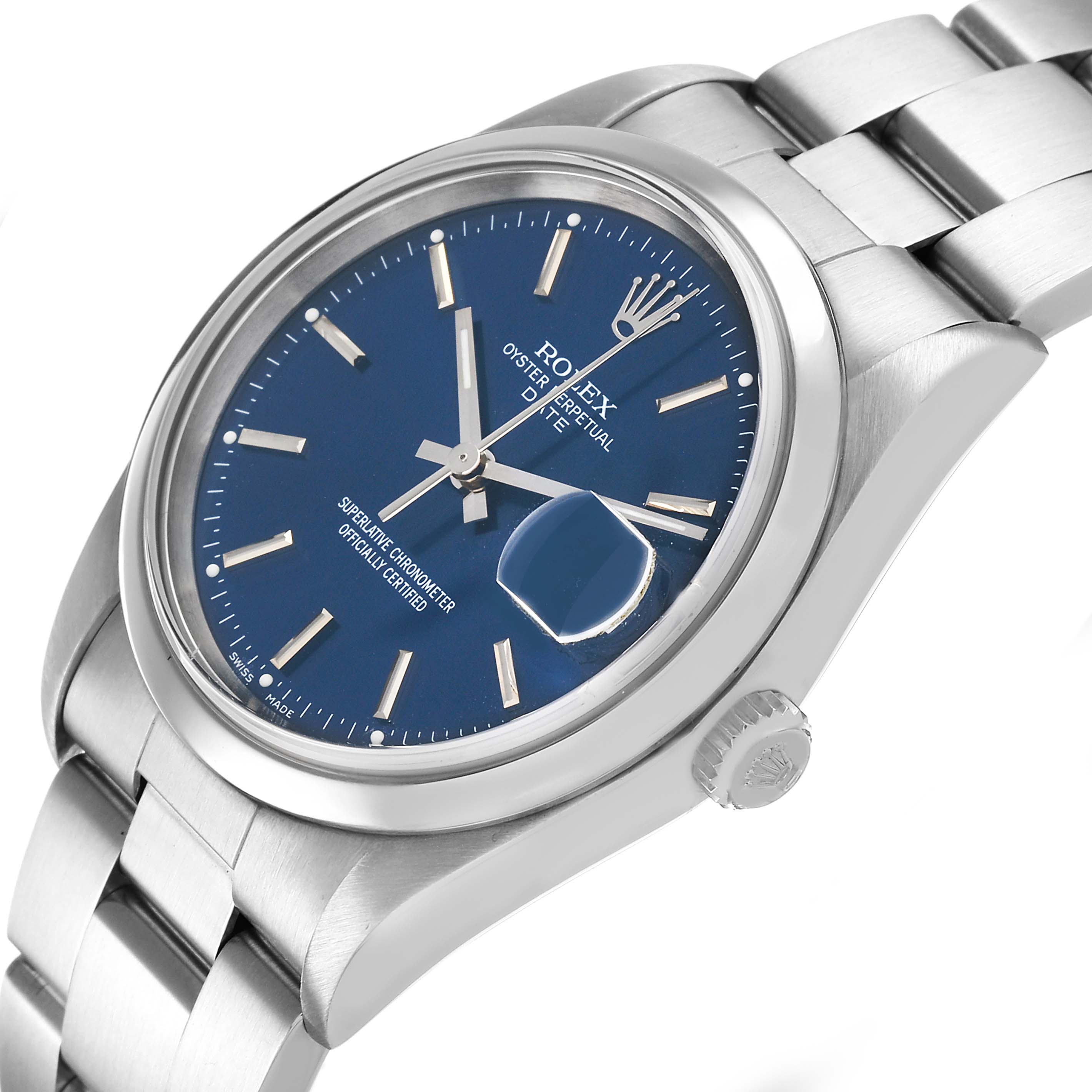 The Rolex Date 15200 Men's Stainless Steel Blue Dial watch is shown at a slight angle displaying the face, crown, and part of the bracelet with a blue dial and luminescent markers.