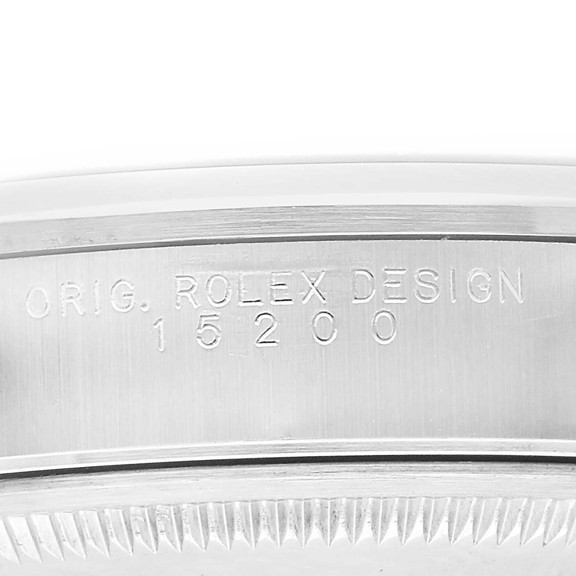 The image shows a close-up of the Rolex Date 15200 Men's Stainless Steel Blue Dial model's side with "ORIG. ROLEX DESIGN 15200" engraved on the case.