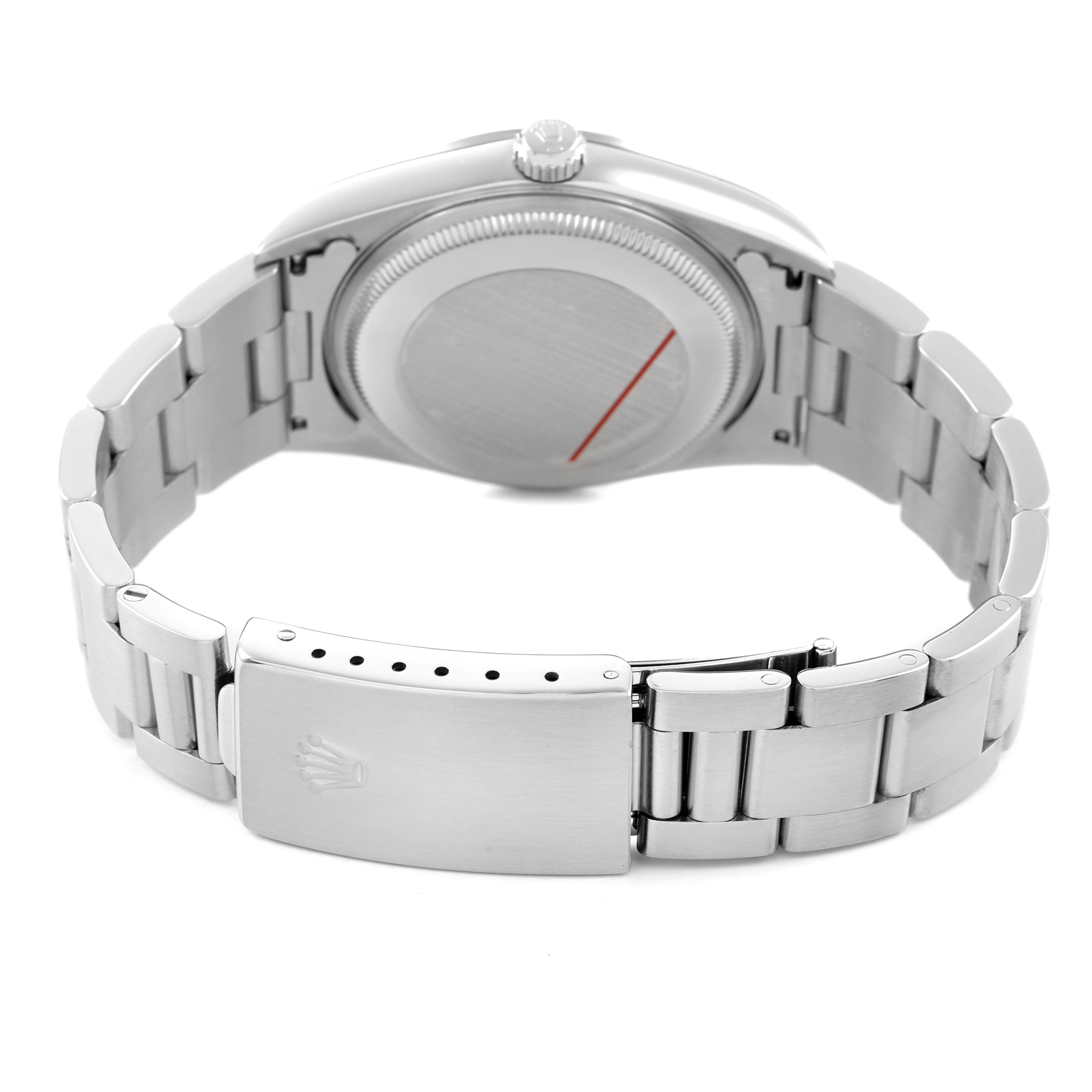 The Rolex Date 15200 Men's Stainless Steel Blue Dial watch is shown from the back, highlighting the case back, bracelet, and clasp.