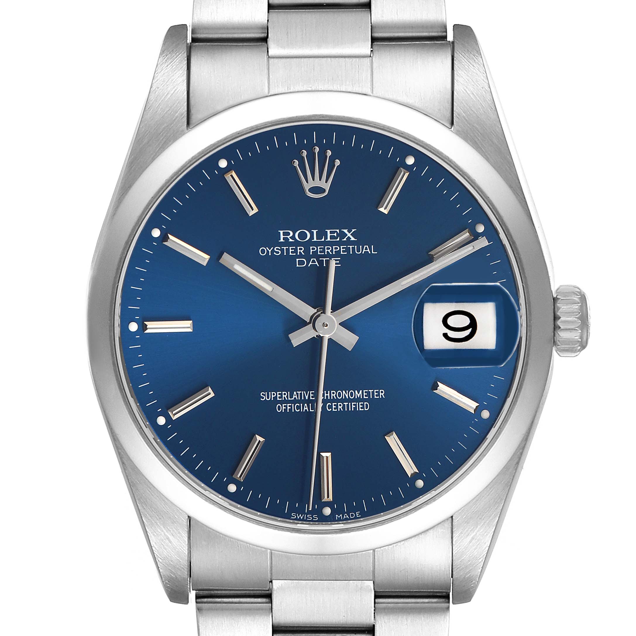 The image shows a frontal view of a Rolex Oyster Perpetual Date watch, highlighting the blue dial, date window, hands, and bezel.