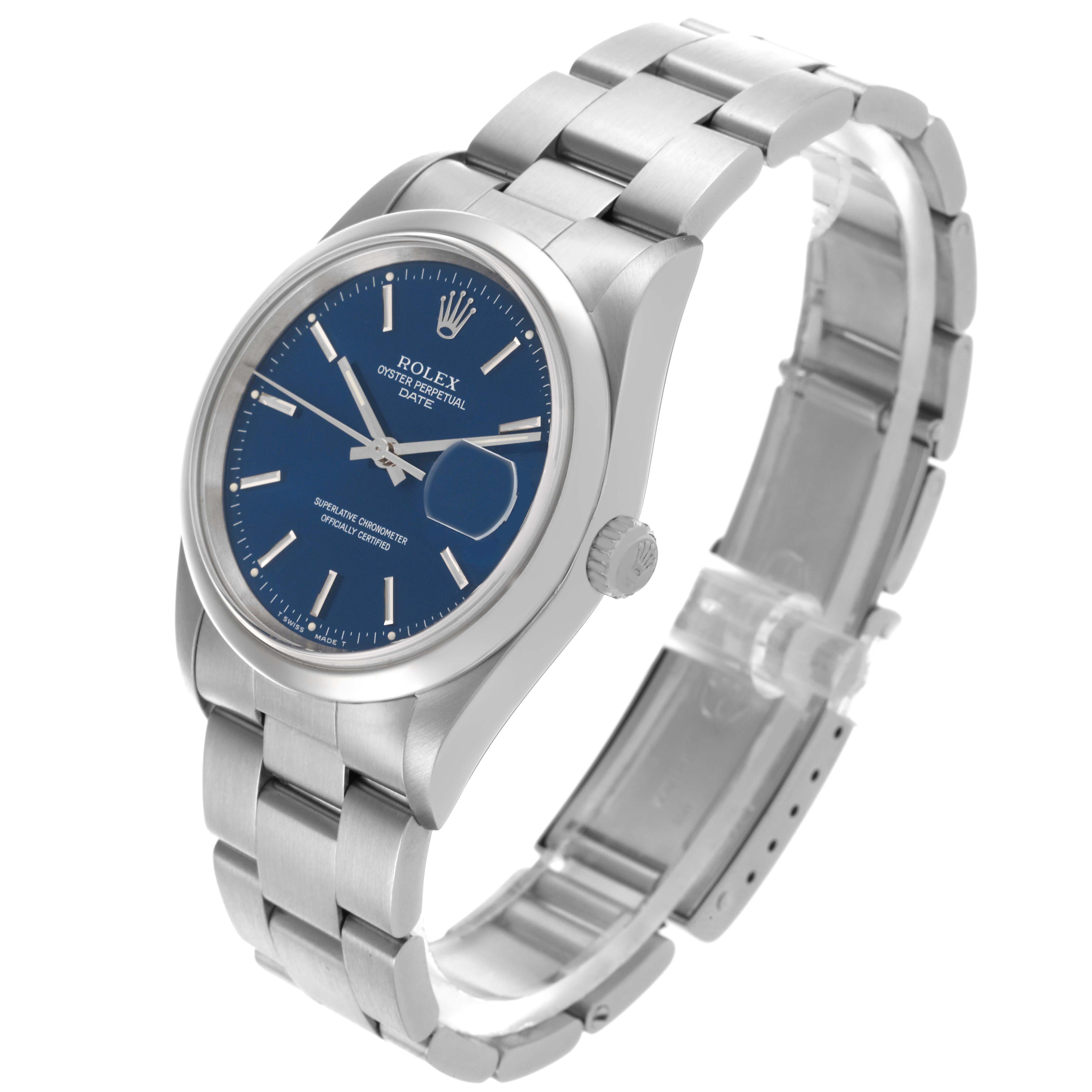 The Rolex Date 15200 Men's Stainless Steel Blue Dial model is shown at a three-quarter angle highlighting its blue dial, bracelet, and crown.